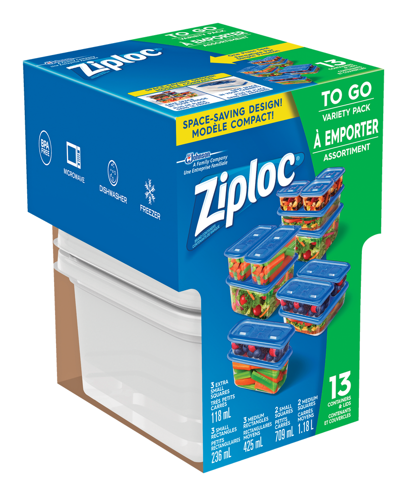 Ziploc To Go Plastic Food Storage Container, Variety Pack, 13pk