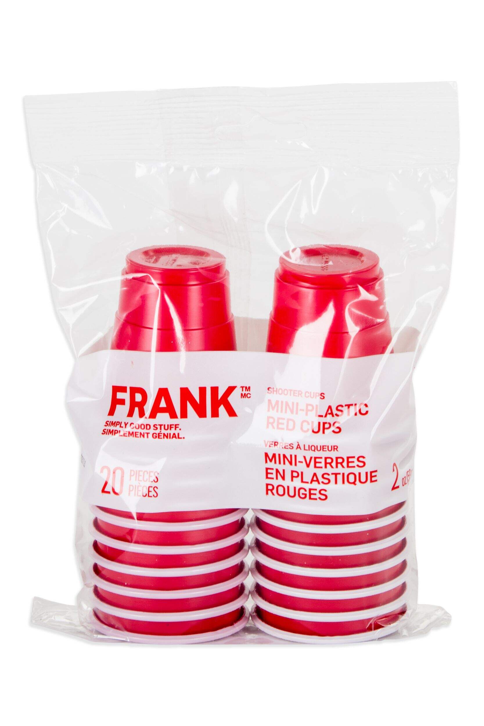 FRANK Plastic Reusable Cups, Red, 2-oz, 20-pk, for Canada Day/Christmas/Graduation Front_Flat