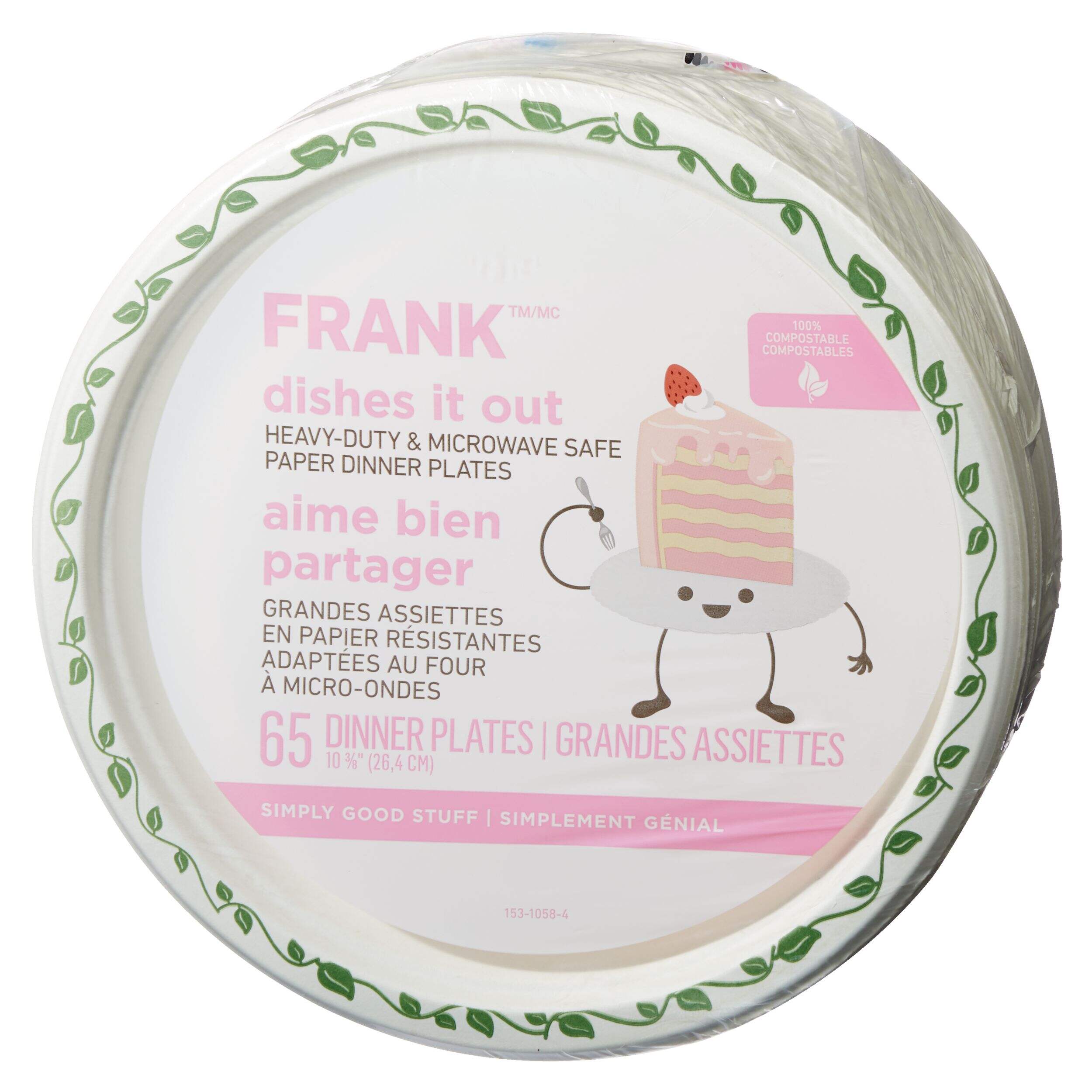 FRANK Round Paper Disposable Dinner Plates, White, 10-in, 65-pk, for Christmas/Thanksgiving/New Year's Eve/Birthday Party Front_Angled_Left