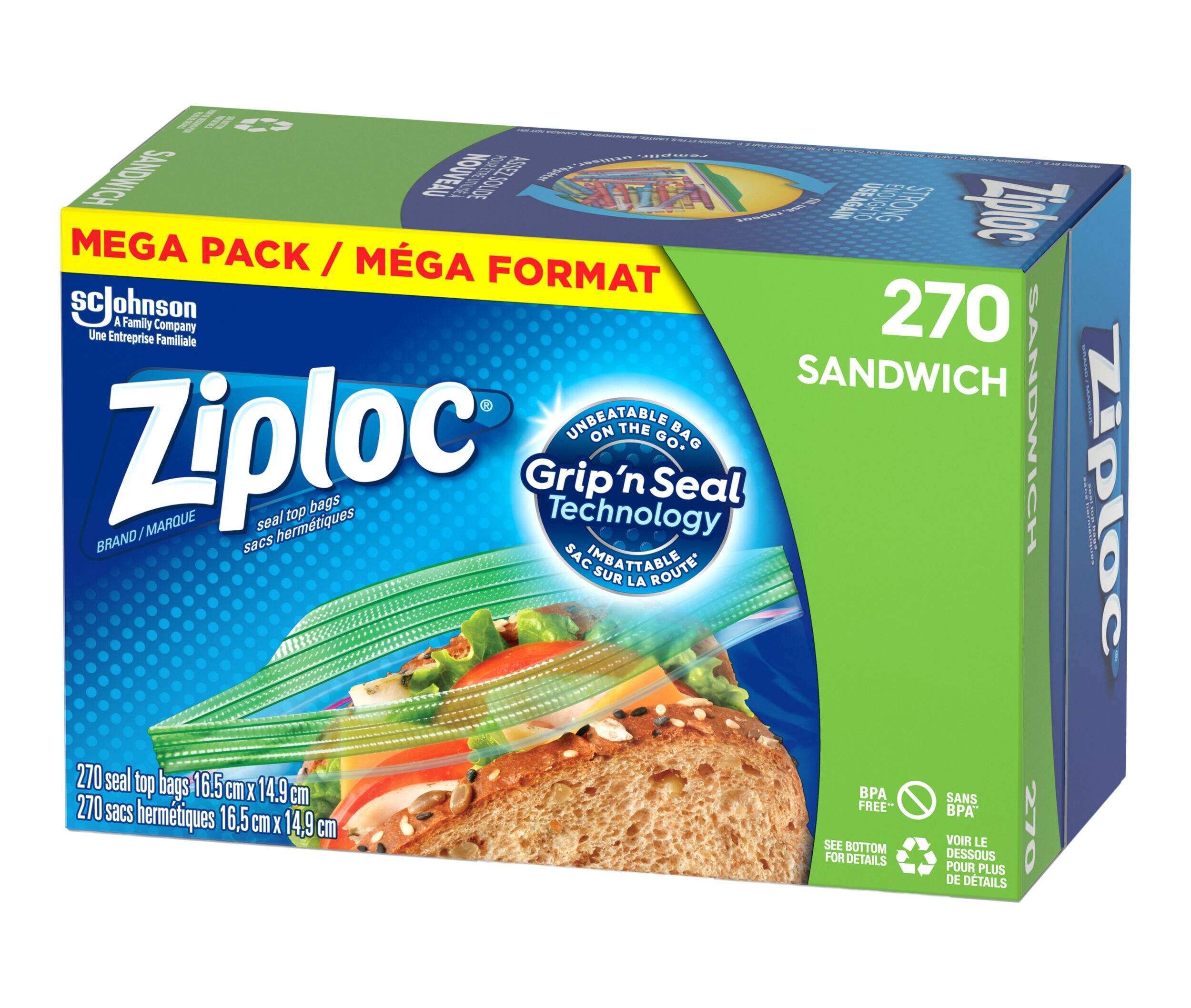 Ziploc Snack Plastic Sandwich Bags Mega Pack, 670-mL, 270-pk Front_Angled_Left