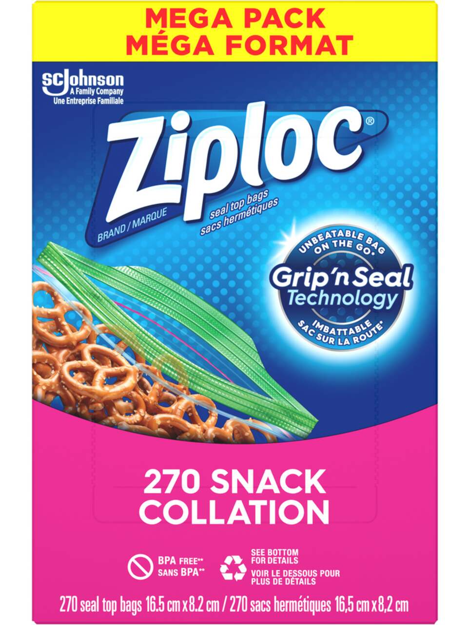 Ziploc Snack Bags for On the Go Freshness, Grip 'n Seal Technology for Easier Grip, Open, and Close, 90 Count, Pack of 3 (270 Total)