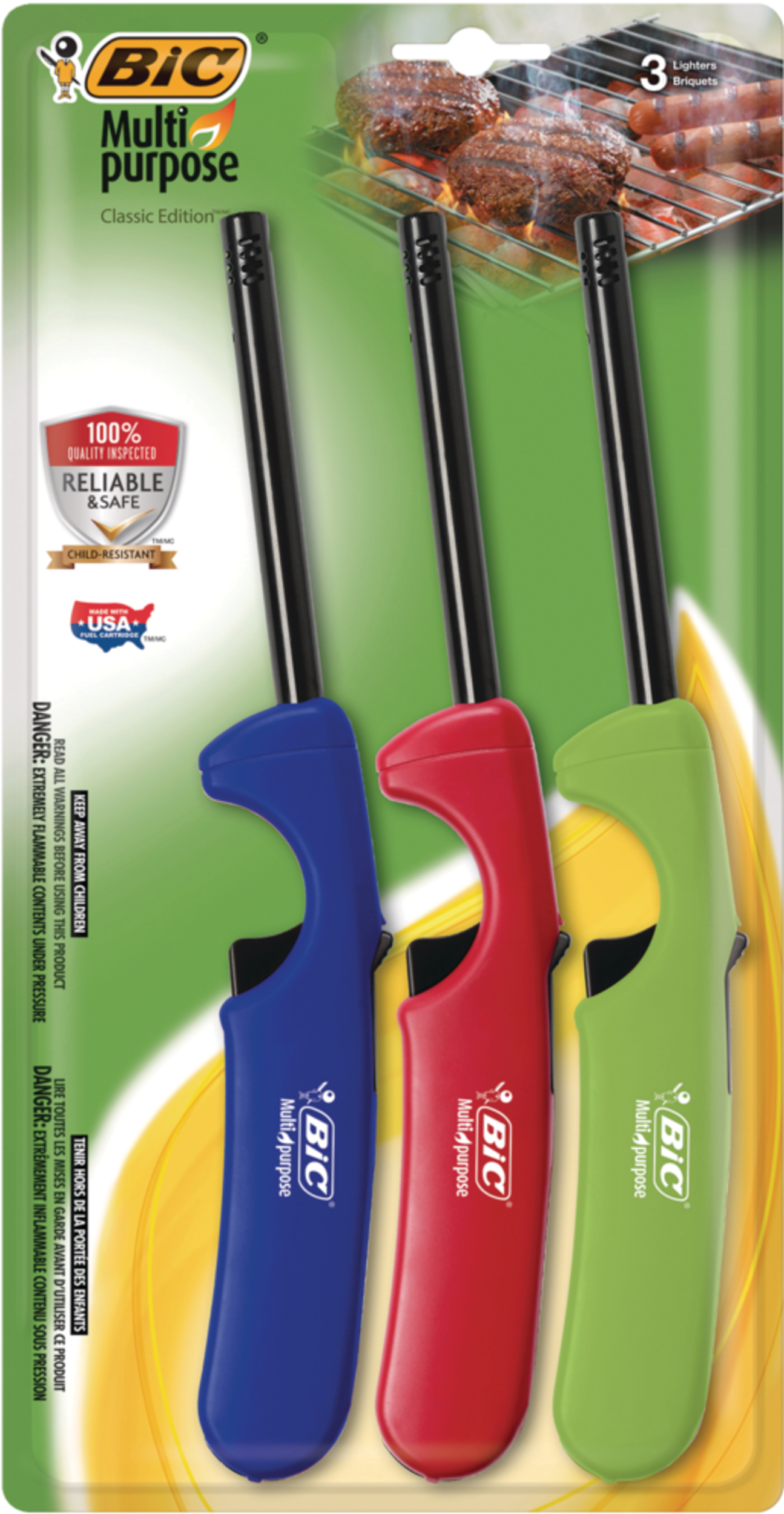 Briquet BIC pour barbecue tout usage édition classique, multicolore, paq. 3 Front_Flat