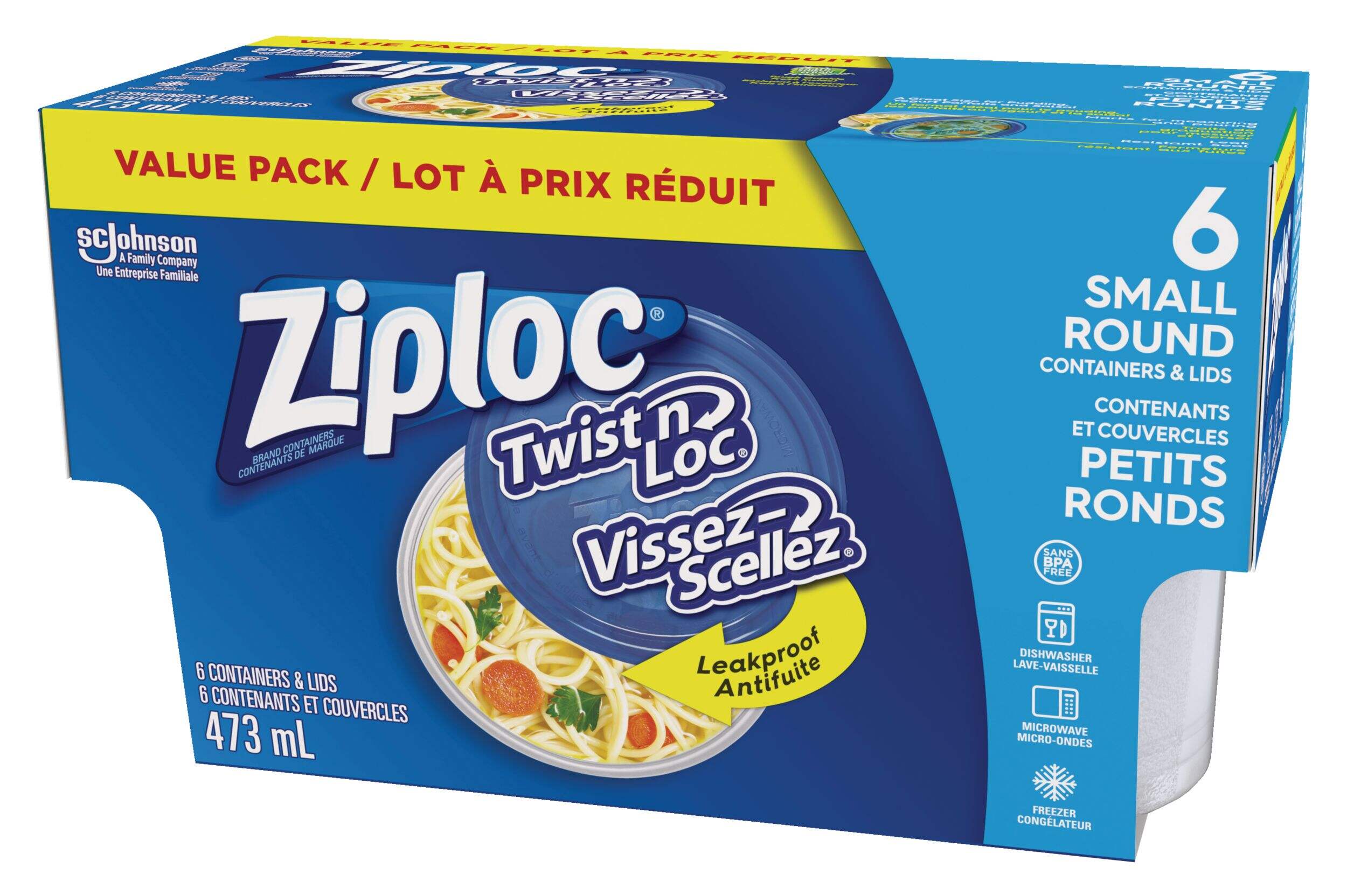 Ziploc Twist 'N' Lock Small Round Plastic Food Storage Containers, 473-mL, 6-pk Front_Angled_Left