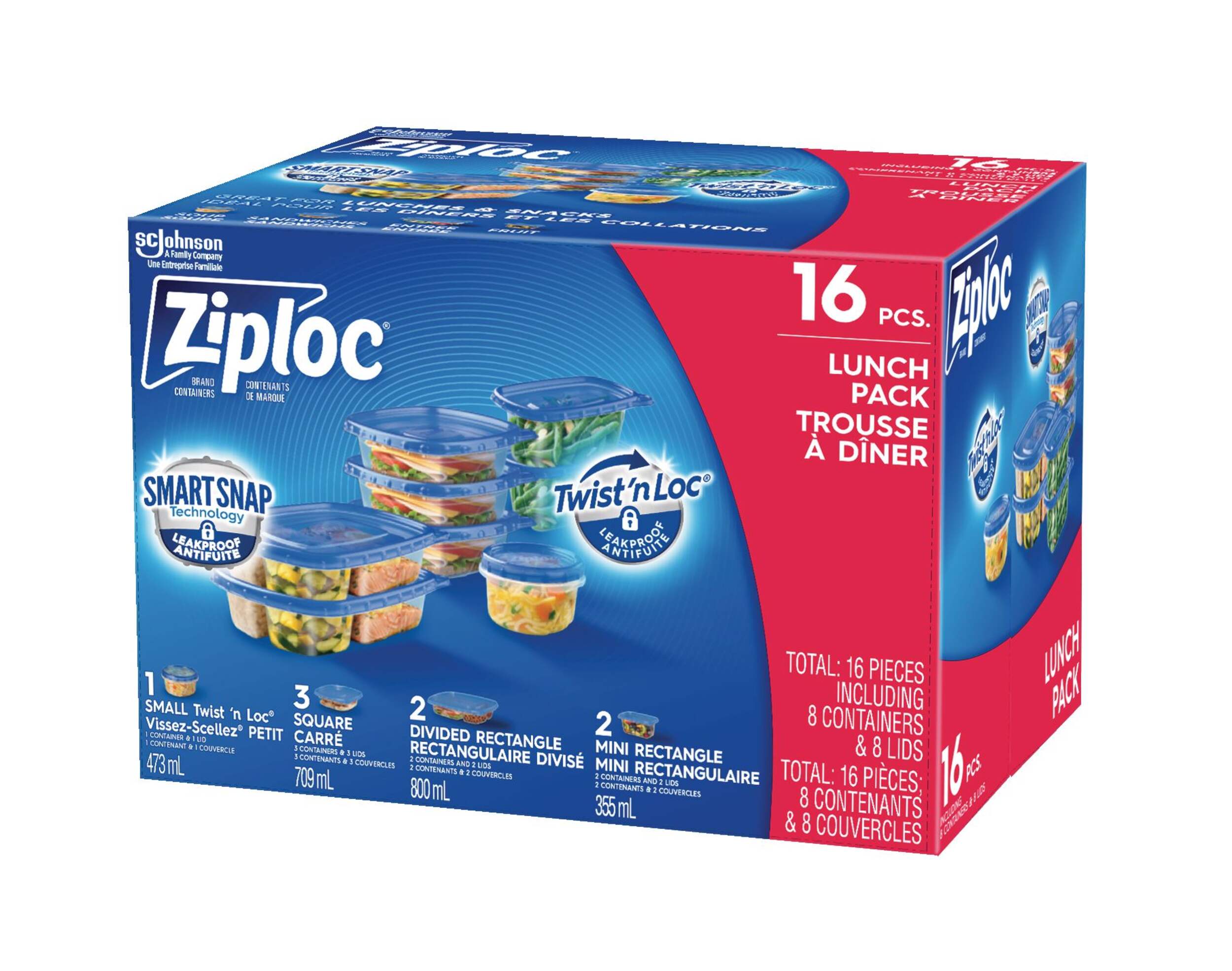 Ziploc Lunch Plastic Food Storage Containers, 16-pk Front_Three_Fourths_Angled_Left