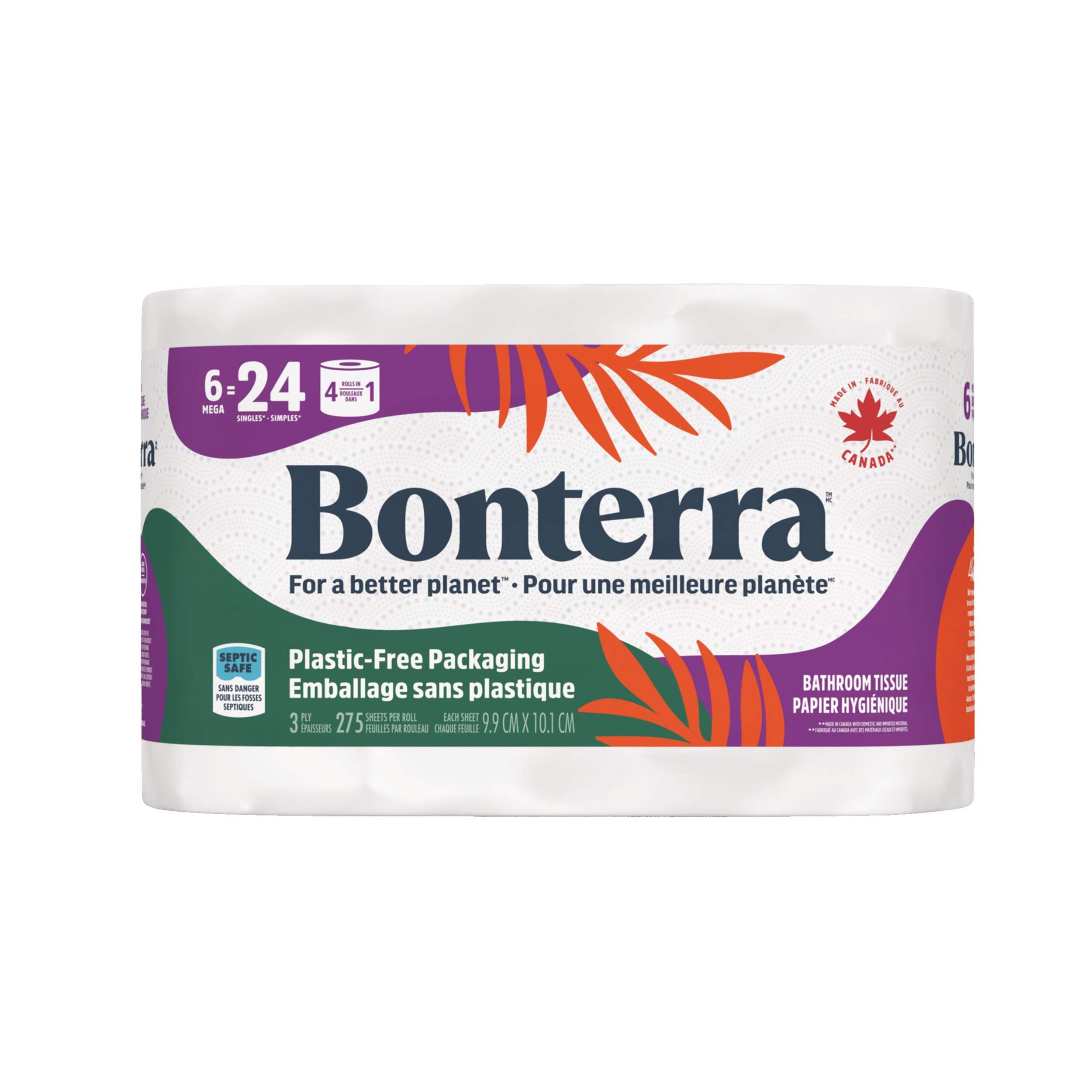 Bonterra™ Quadruple Roll Toilet Paper, 3-ply Tissue, 6-pk Front_Flat