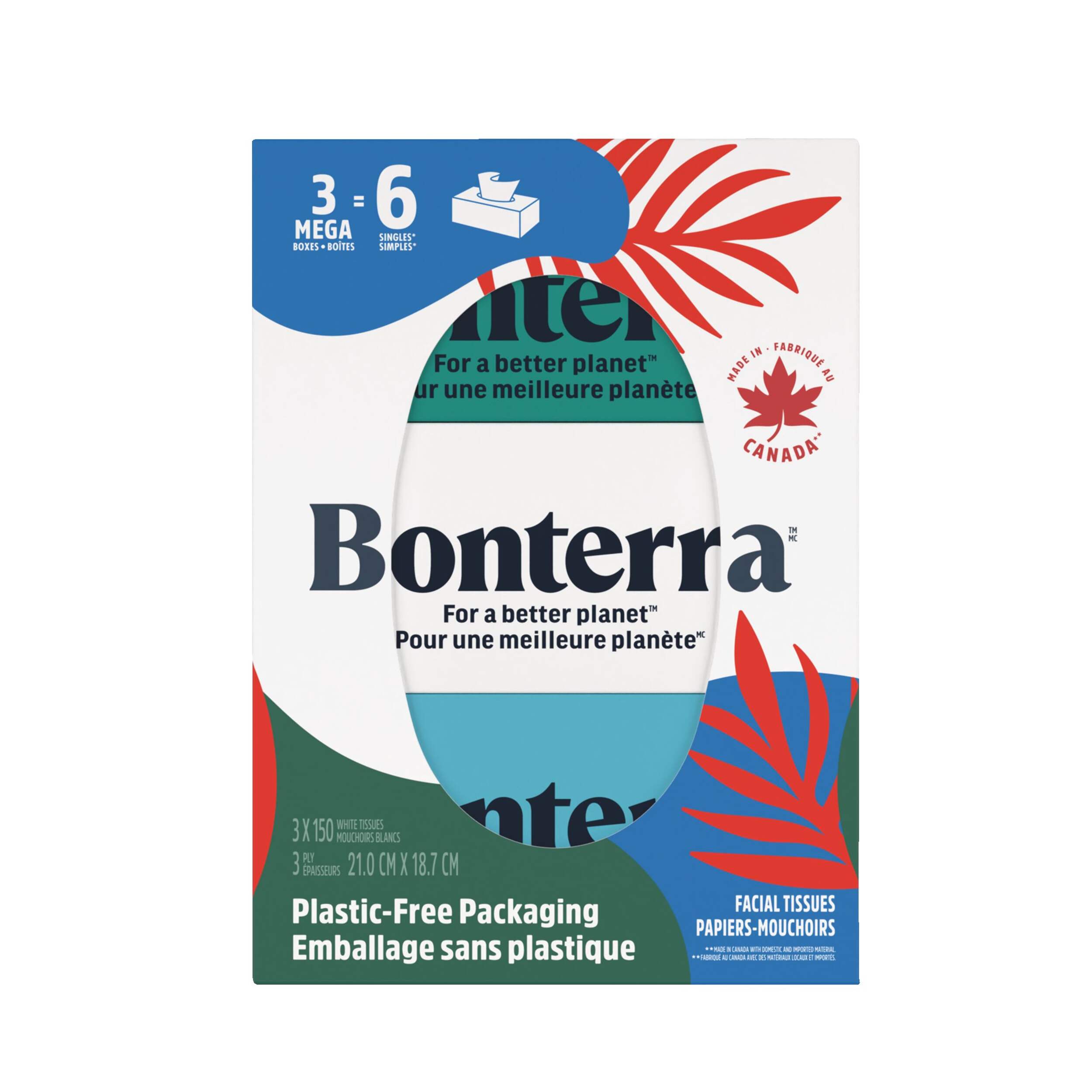 Bonterra™ Facial Tissue, 3-ply, 150 Sheets, 3-pk Front_Flat