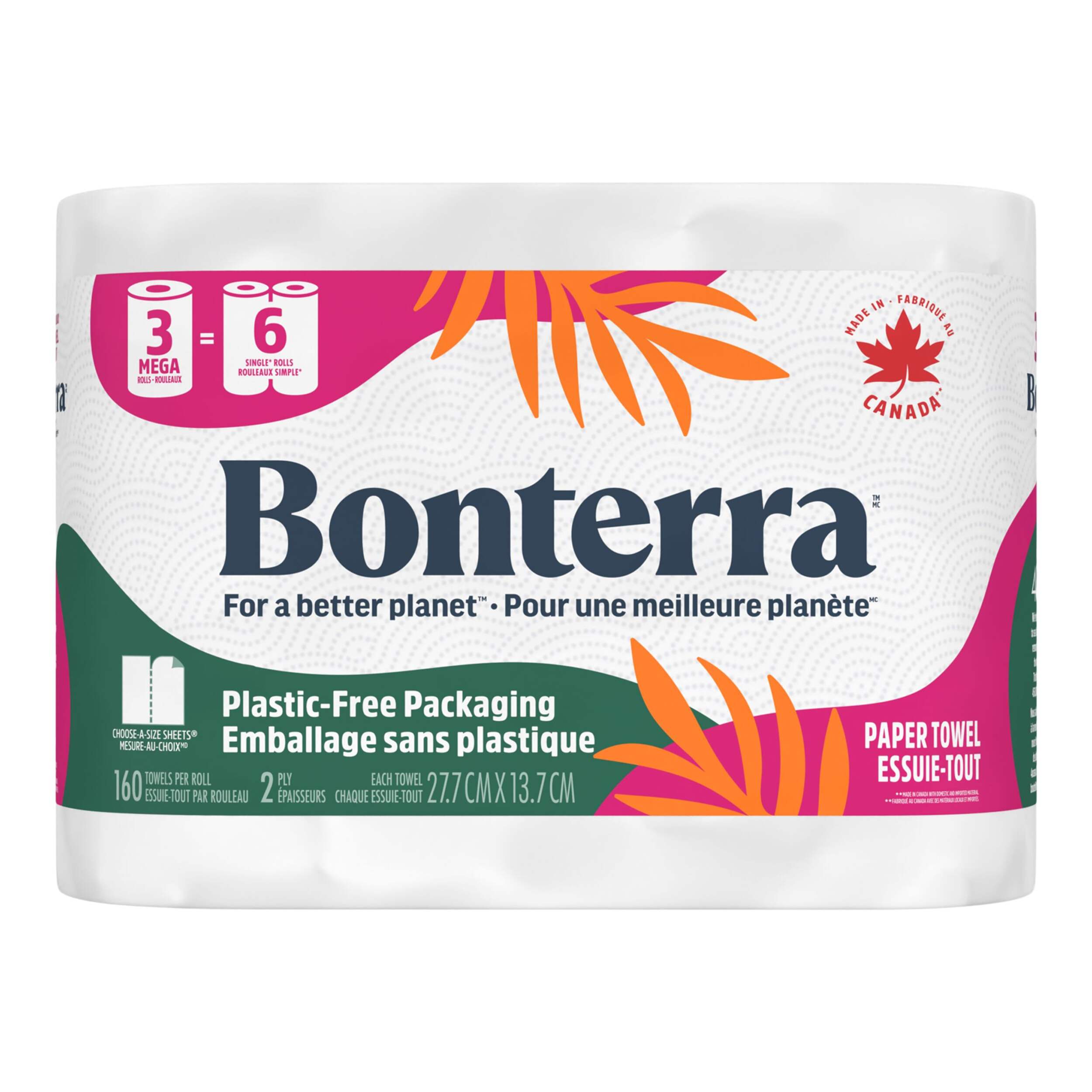 Bonterra™ Double Roll Paper Towel, 2-ply, 3-pk Front_Flat
