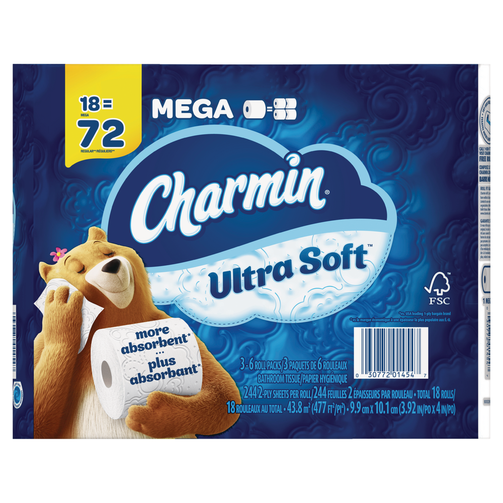 Charmin UltraSoft Quadruple Roll Toilet Paper, 2Ply Tissue, 18pk