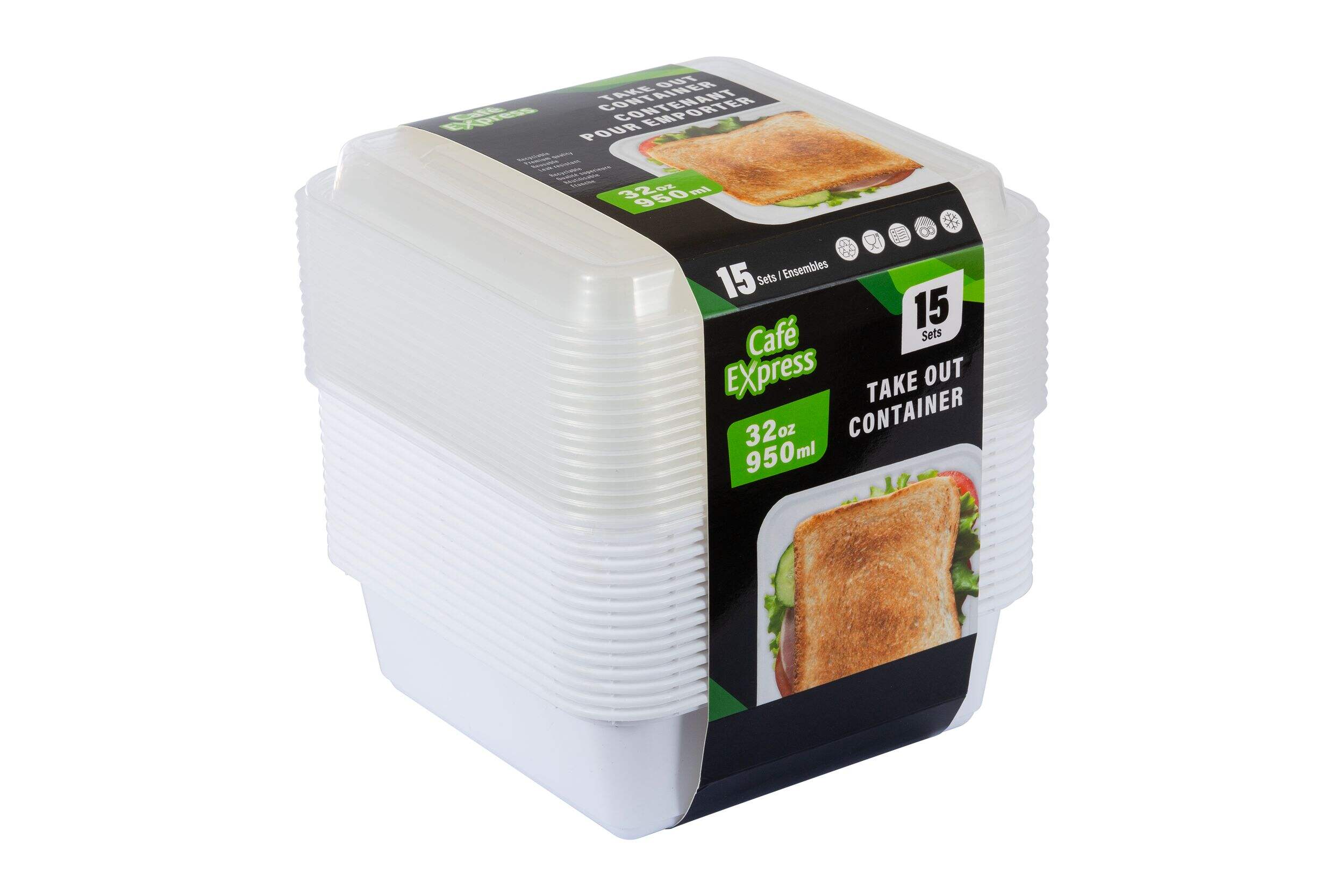 Cafe Express Square Take Out Containers, 950-mL, 15-pk Front_Three_Fourths_Angled_Right