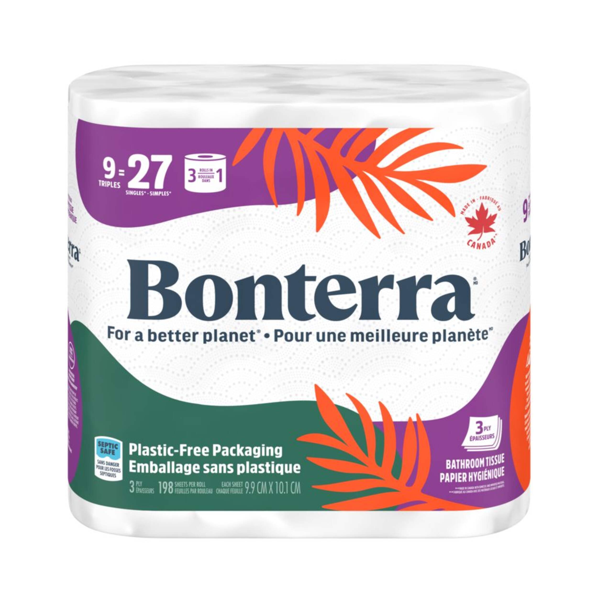 Bonterra Triple Roll Bathroom Toilet Paper, 3-Ply Tissue, Septic-Safe, 9-pk Front_Elevated