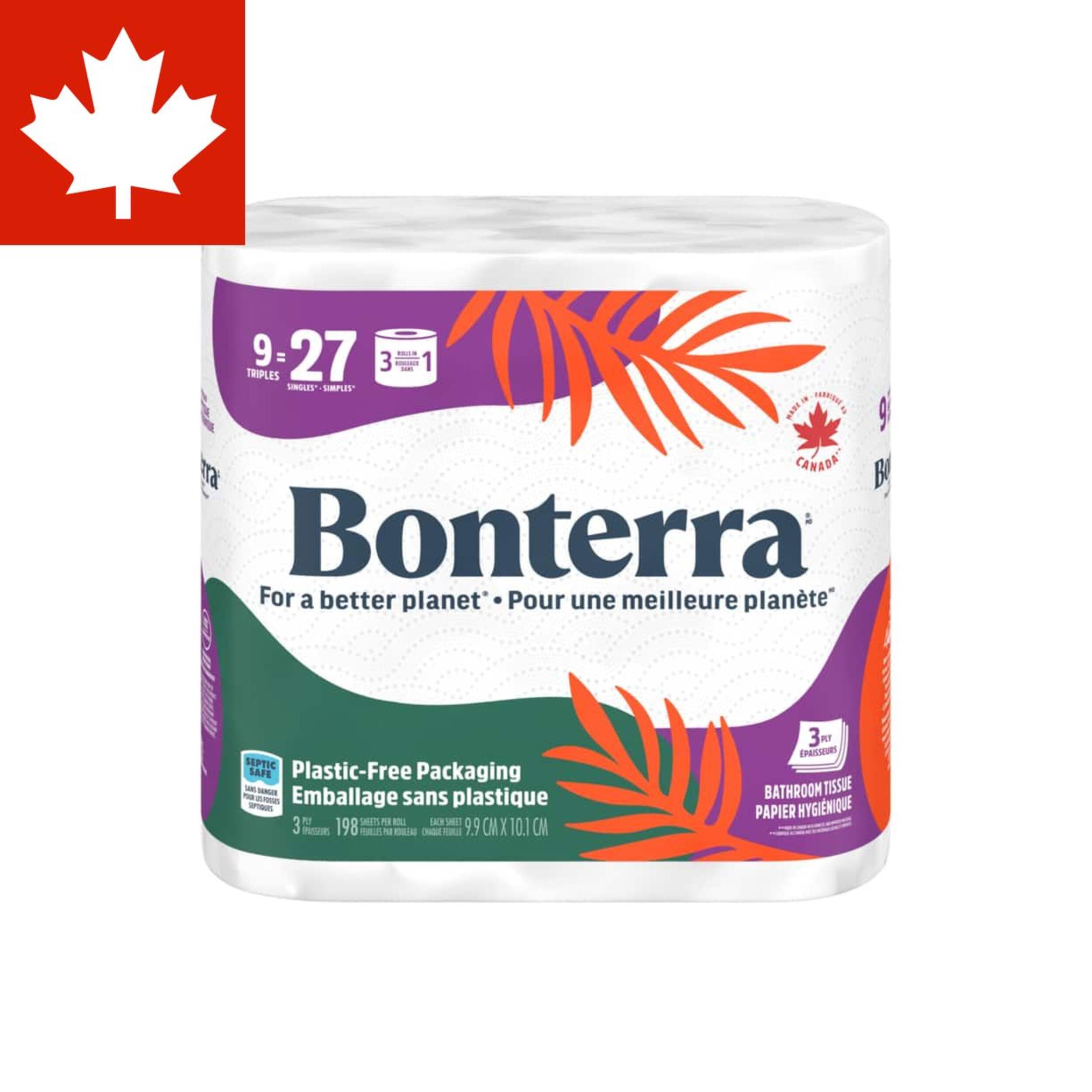 Bonterra Triple Roll Bathroom Toilet Paper, 3-Ply Tissue, Septic-Safe, 9-pk Front_Elevated