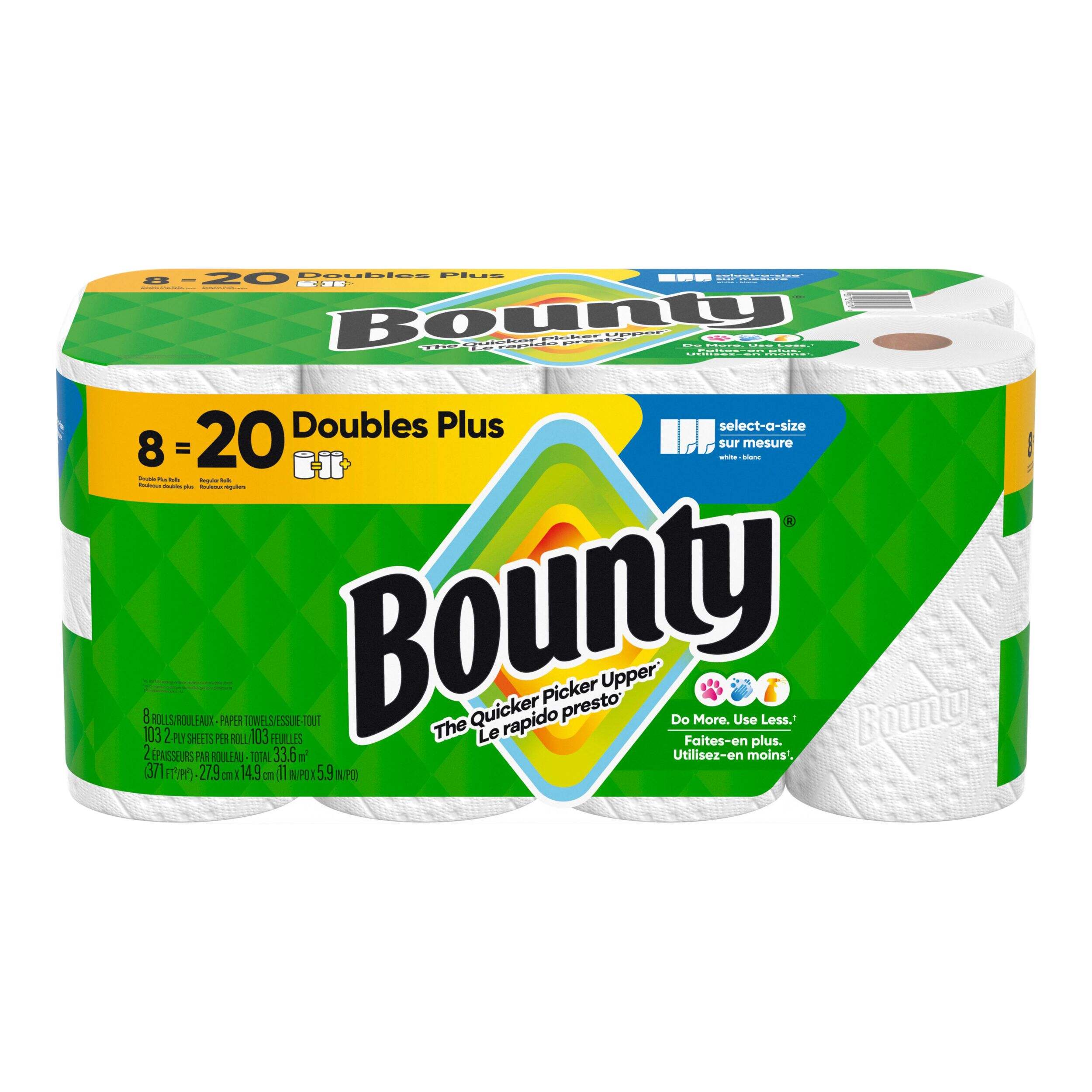 Essuie-tout Bounty sur mesure, rouleau double plus, 2 épaisseurs, paq. 8 Front_Elevated