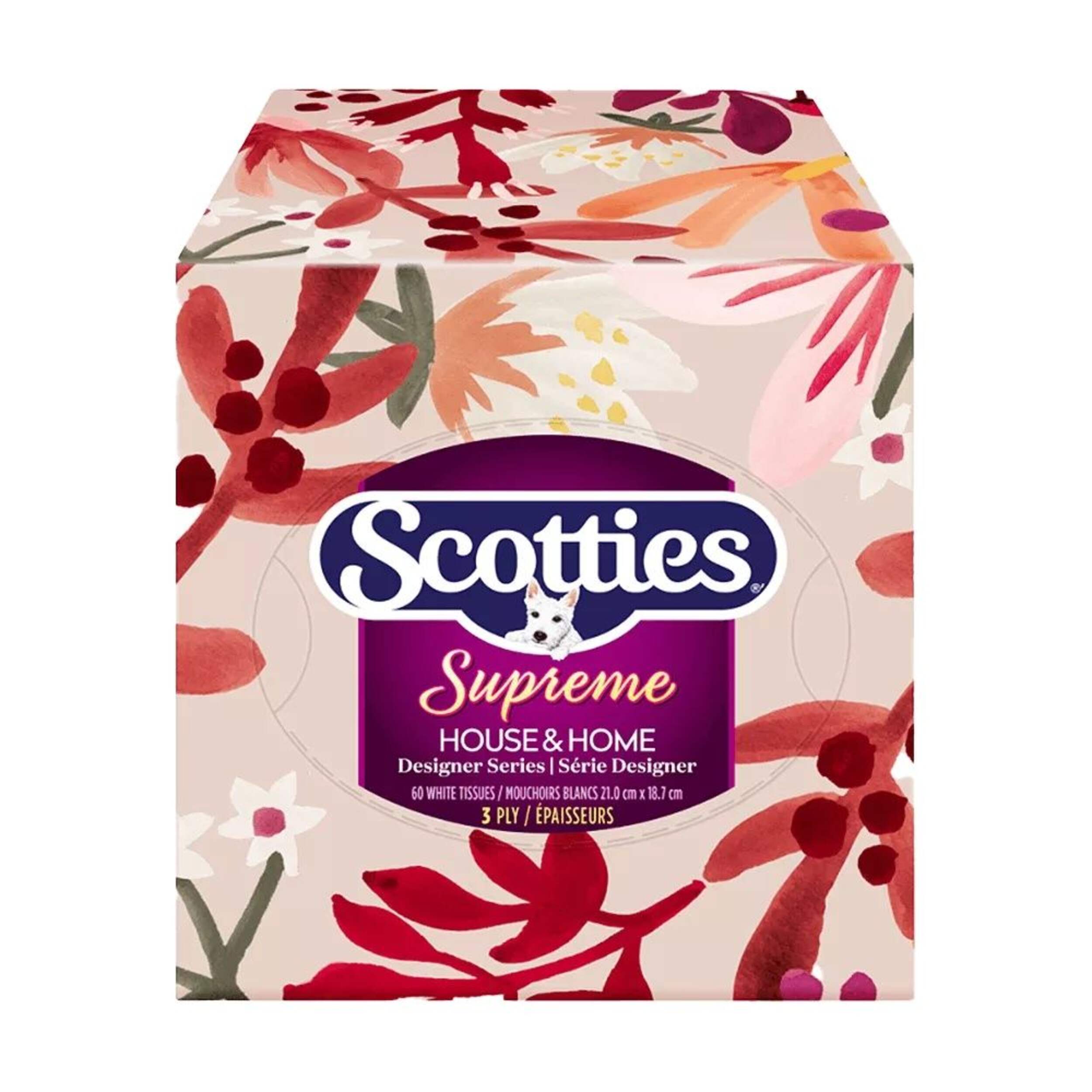 Scotties Supreme Ultra Soft Hypoallergenic Facial Tissue Box/Cube, 3-Ply Front_Elevated