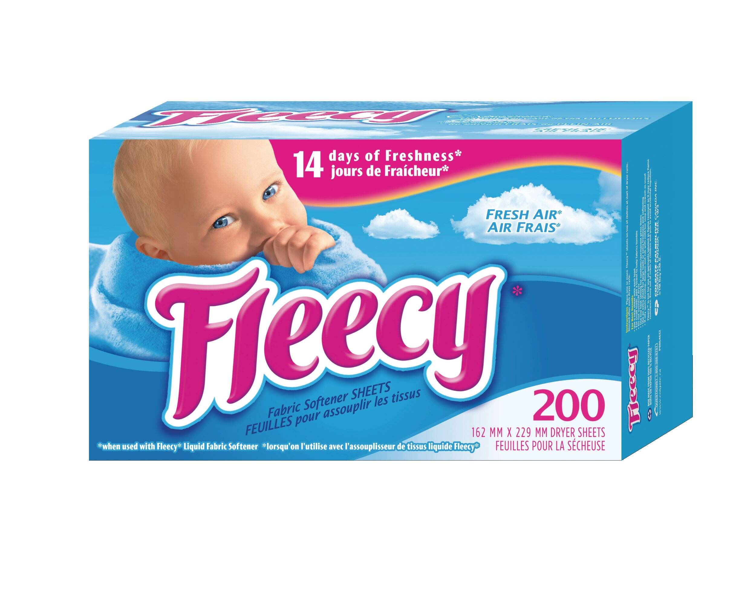 Fleecy Fresh Air Fabric Softener Dryer Sheets, Fresh Scent, 200-pk Front_Three_Fourths_Angled_Left