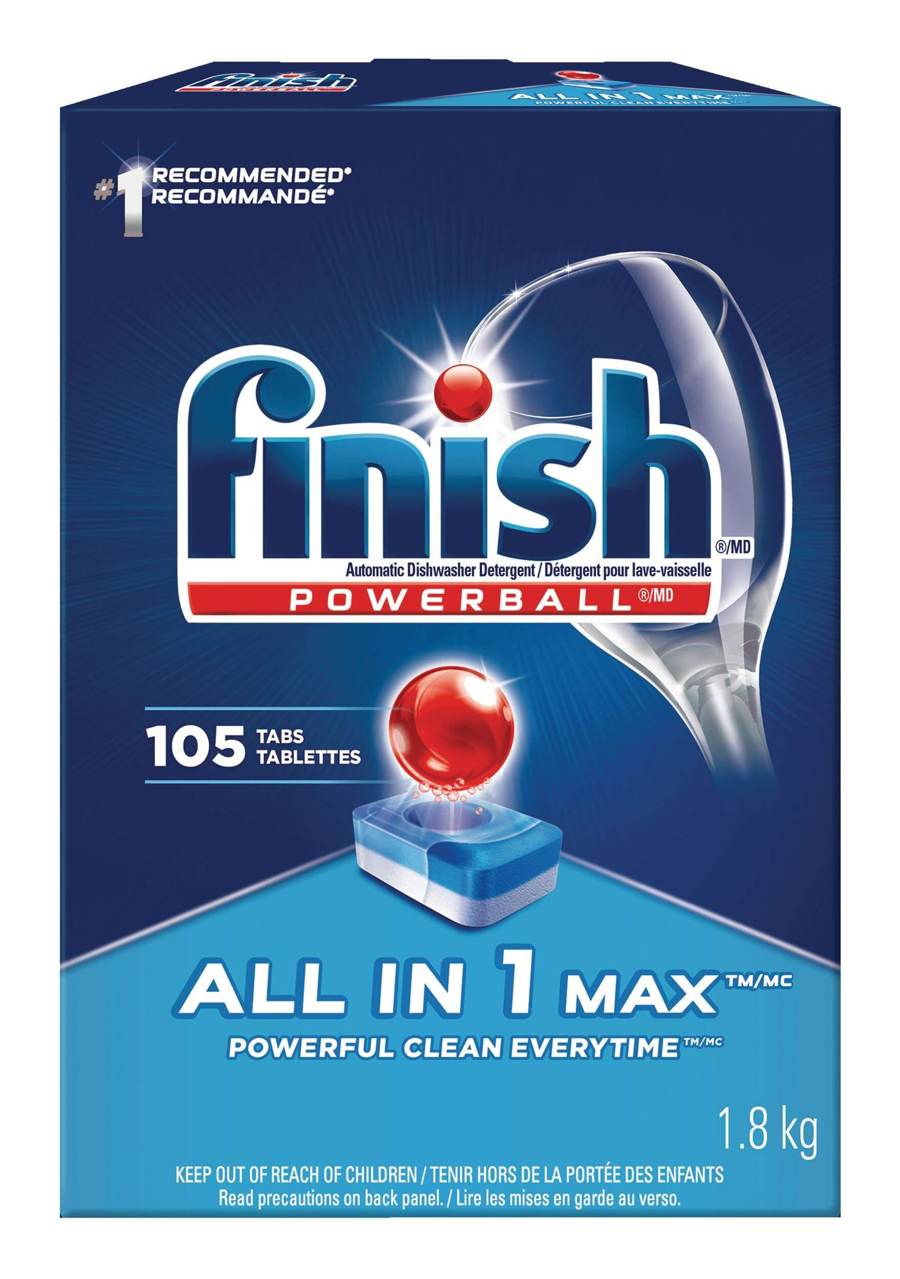 Pastilles de détergent tout-en-un pour lave-vaisselle Finish Powerball Max, parfum frais, paq. 105 Front_Elevated