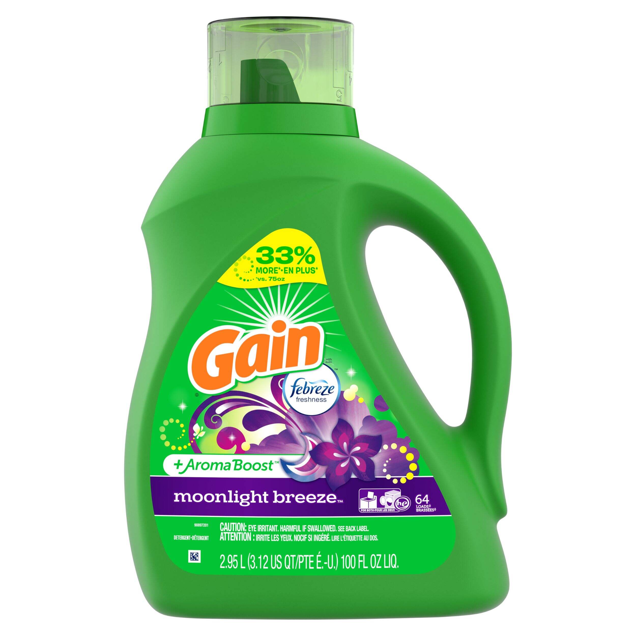 Gain + Aroma Boost Liquid Laundry Detergent, Moonlight Breeze Scent, 64