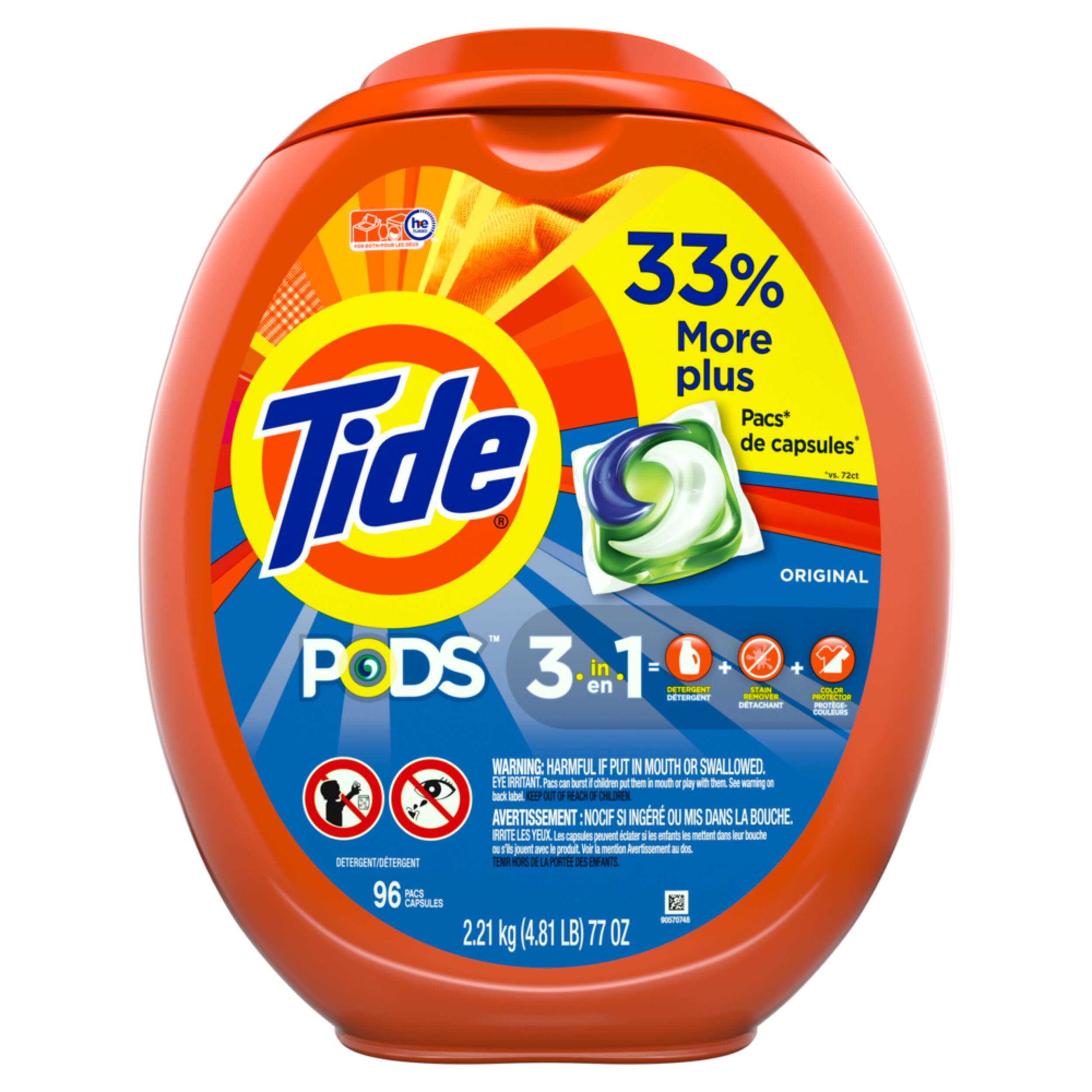 Tide 3 in 1 Laundry Detergent Pods, Original Scent, 96-pk Front_Flat