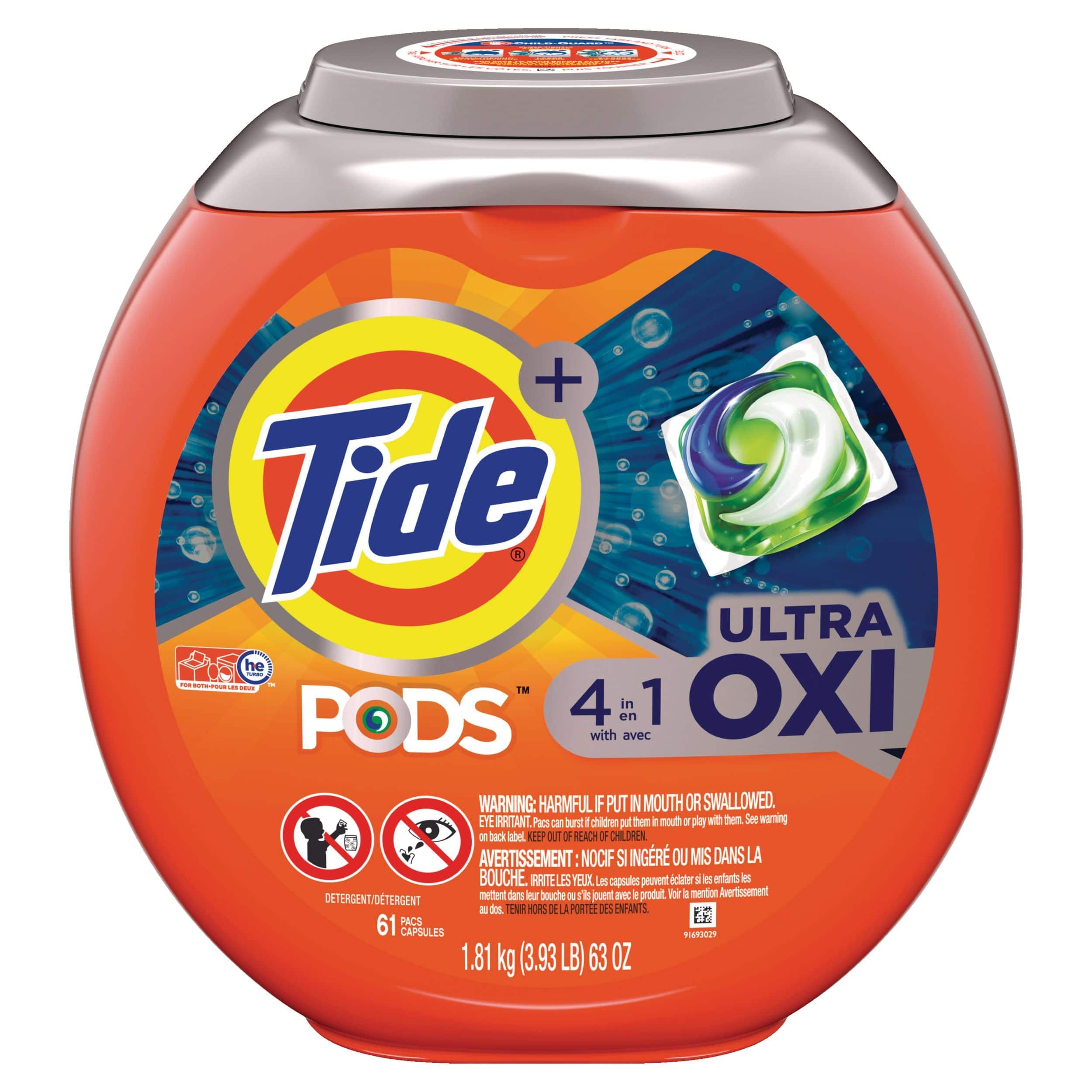 Tide PODS Liquid Laundry Detergent Soap Pacs, 4-n-1 Ultra Oxi, 61