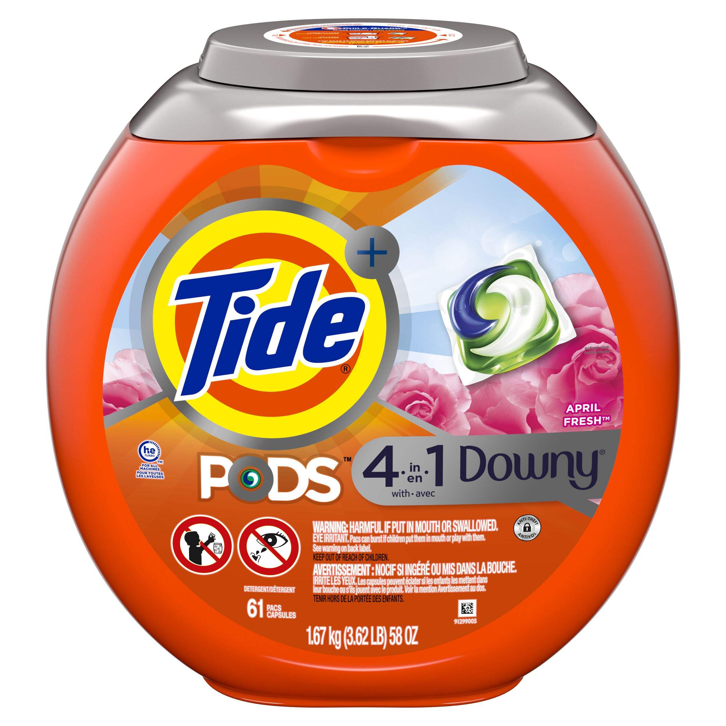 Tide PODS with Downy, Liquid Laundry Detergent Pacs, April Fresh, 61 count Front_Elevated