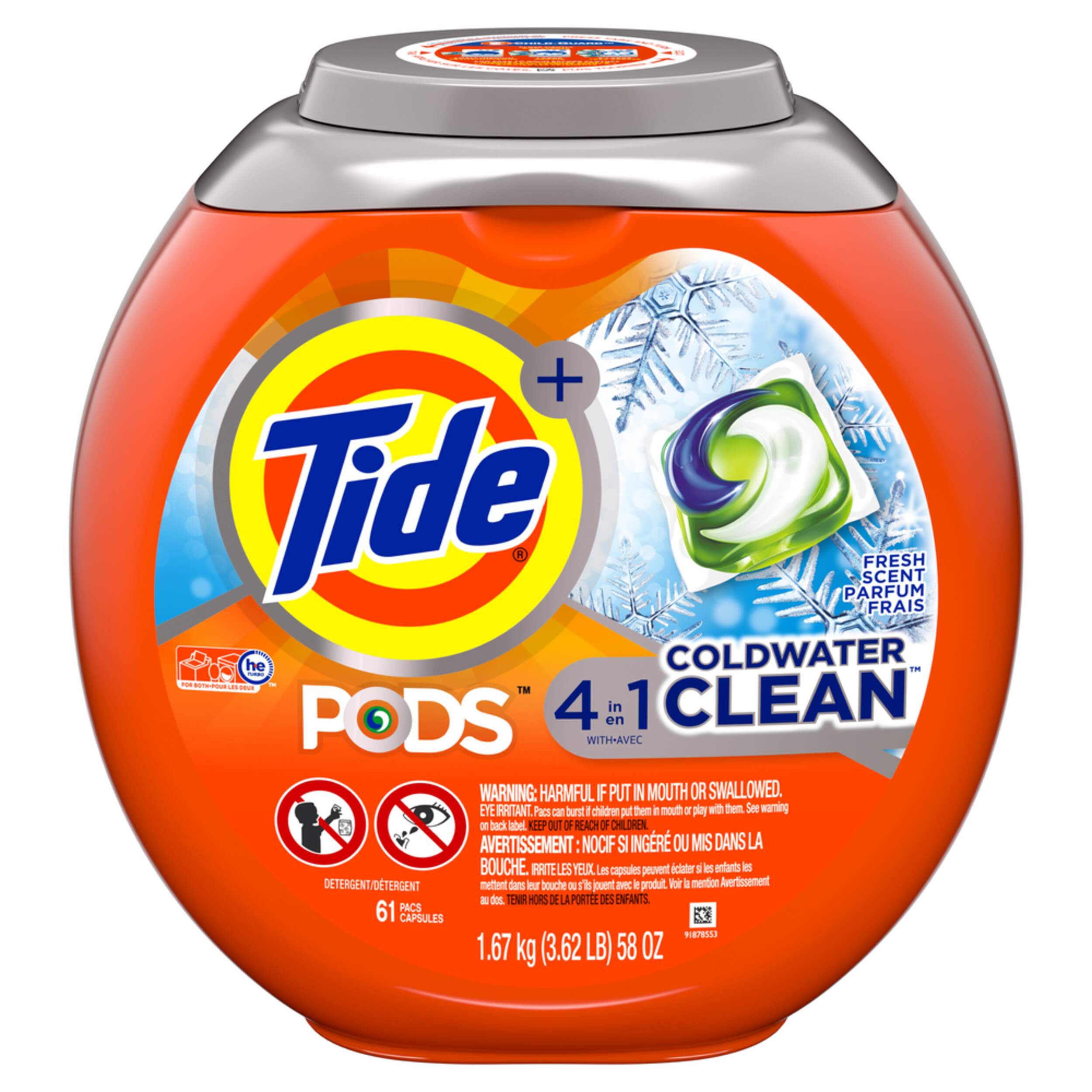 Tide Plus 4 in 1 Coldwater Clean Laundry Detergent Pods, Fresh Scent, 61-pk Front_Elevated