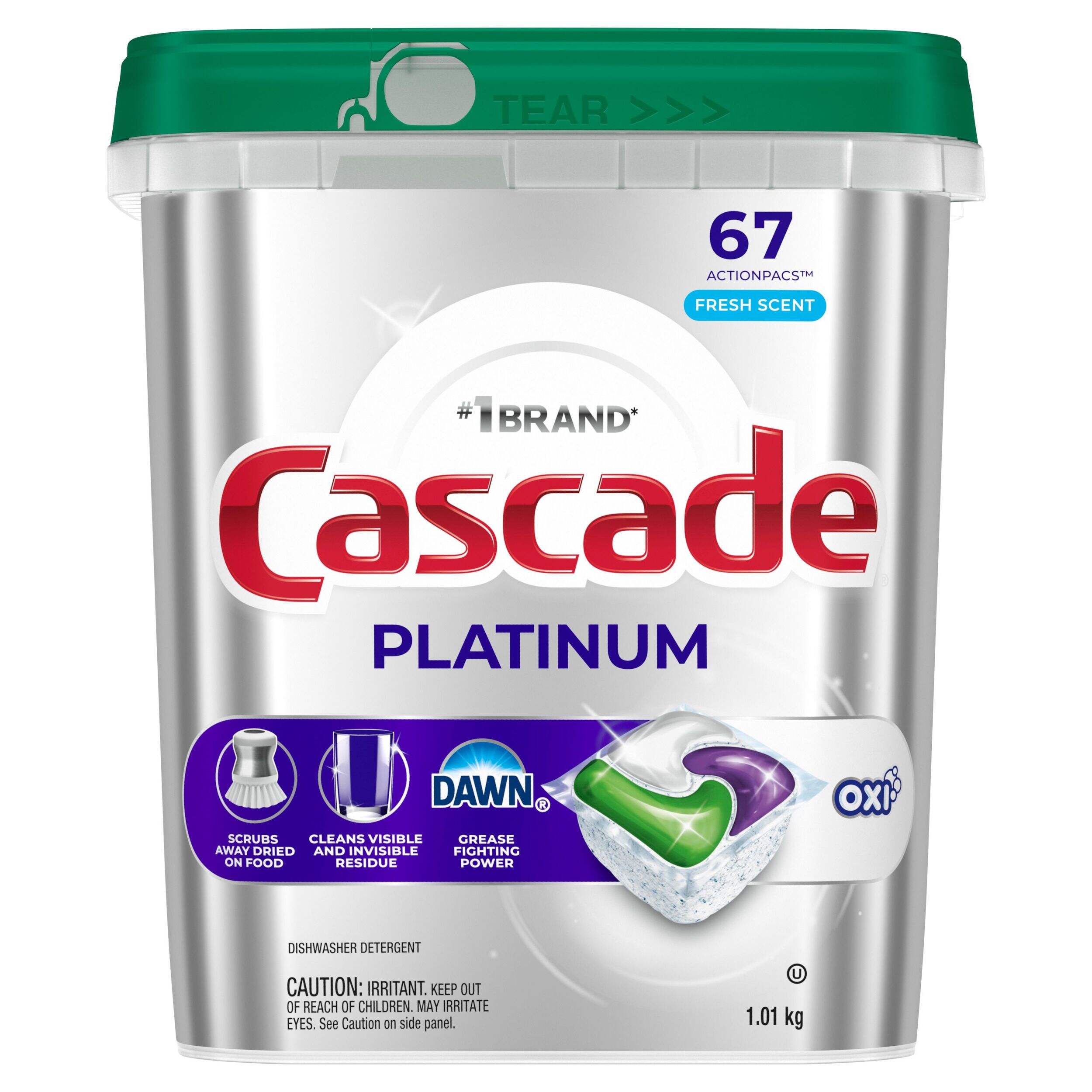 Cascade Platinum ActionPacs + Oxi, Dishwasher Detergent Pods, Fresh, 67 Count Front_Flat