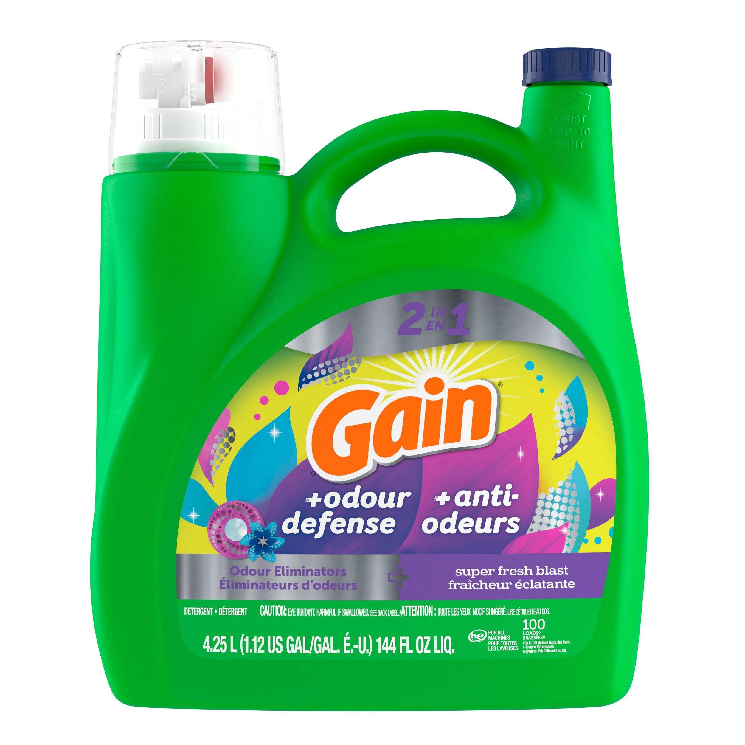 Gain + Odor Defense Liquid Laundry Detergent, Super Fresh Blast Scent, 107 LD,  4.55 L Front_Flat
