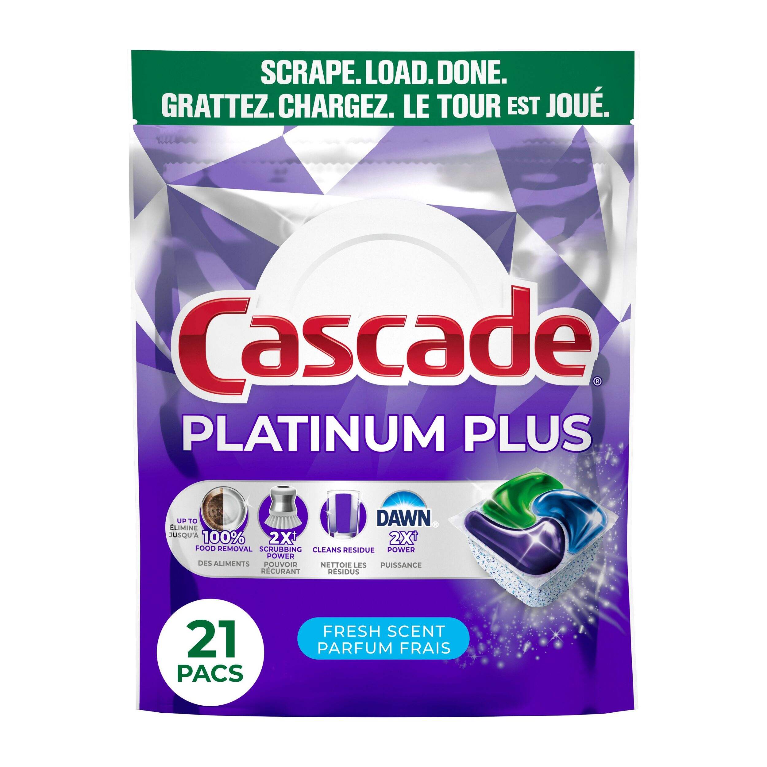 Cascade Platinum Plus ActionPacs Dishwasher Detergent Pods, Fresh, 21 Count Front_Flat