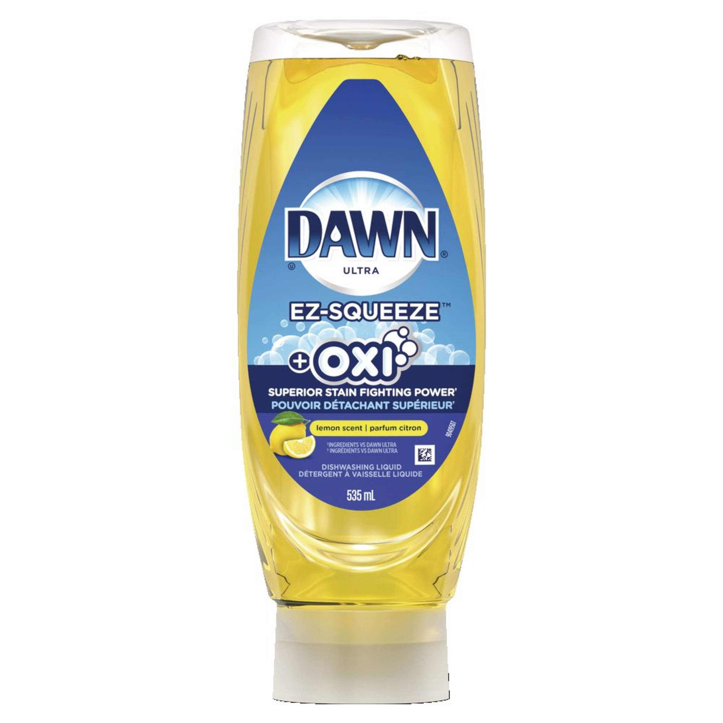 Savon à vaisselle liquide Dawn Ultra EZ-Squeeze, puissance antitache Oxi, parfum de citron, 535 mL Front_Flat