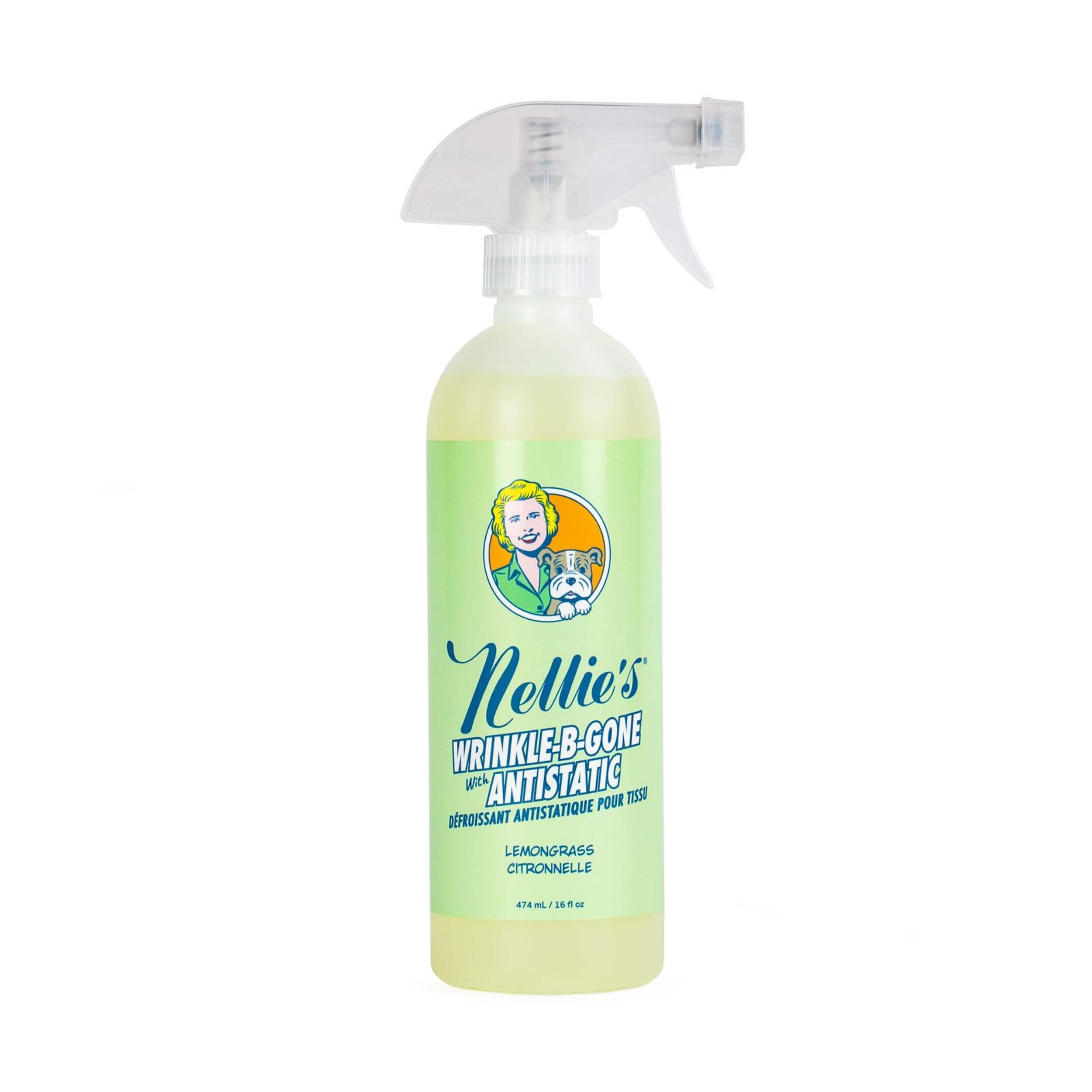 Nellie's Wrinkle-B-Gone Plant-Based Fabric Wrinkle Remover Spray, Lemongrass Scent, 474-mL Front_Flat