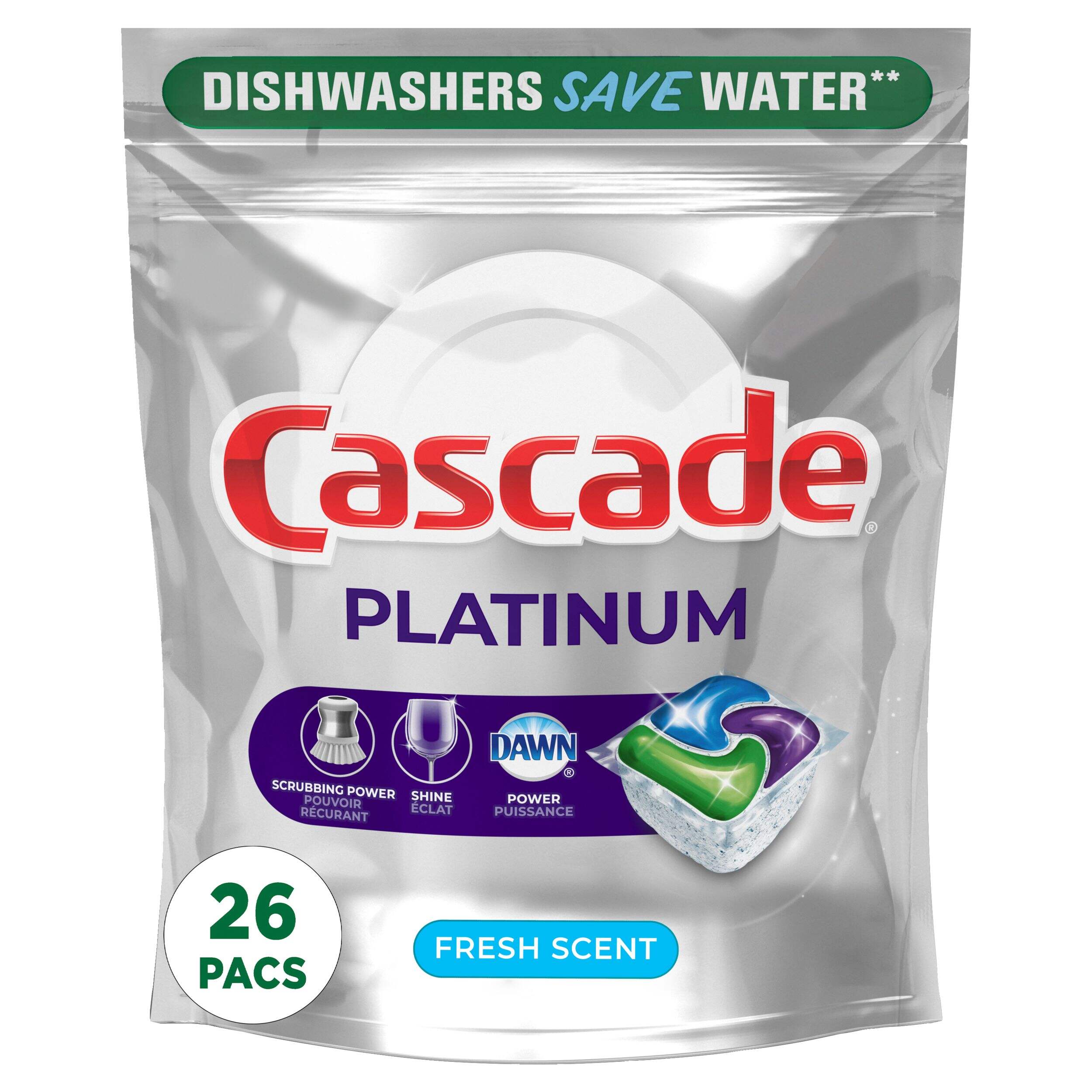Cascade Platinum Action Pacs Dishwasher Detergent, Fresh Scent, 26-ct Front_Flat