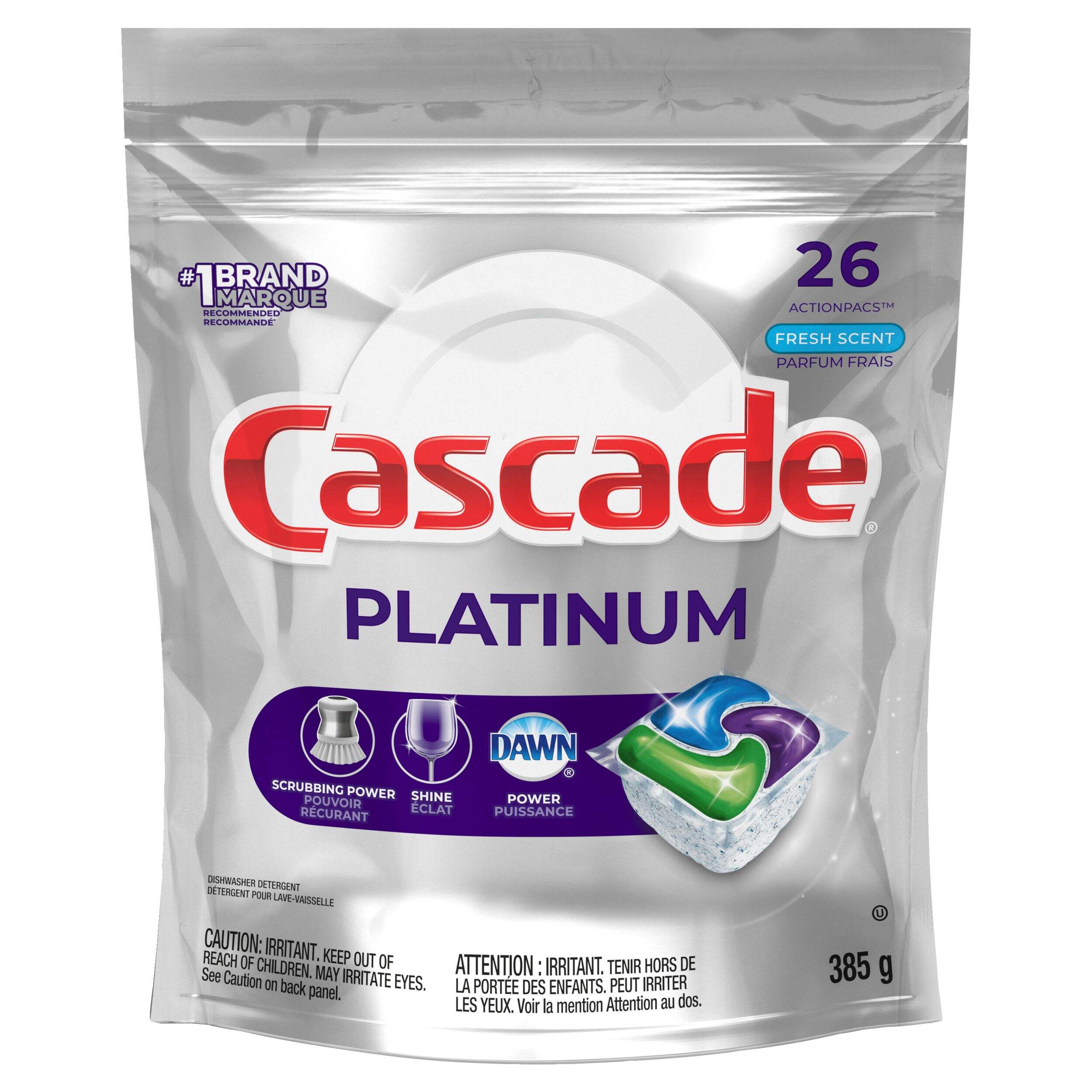 Détergent en sachets pour lave-vaisselle Cascade Platinum Action Pacs, parfum frais, paq. 26 Front_Flat