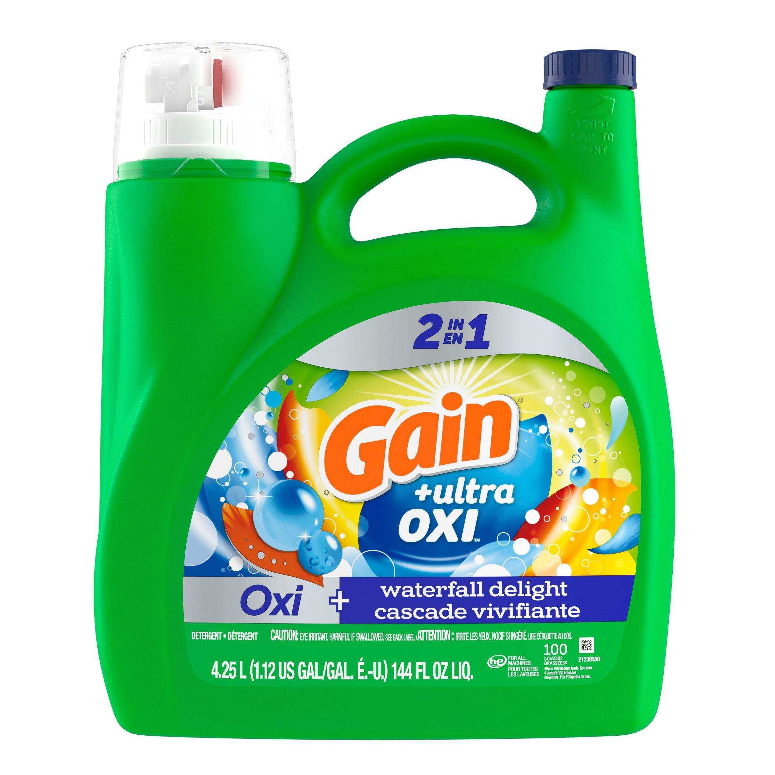 Détergent à lessive liquide Gain Ultra Oxi, 2-en-1 compatible HE, Waterfall Delight, 107 brassées, 4,55 L Front_Flat