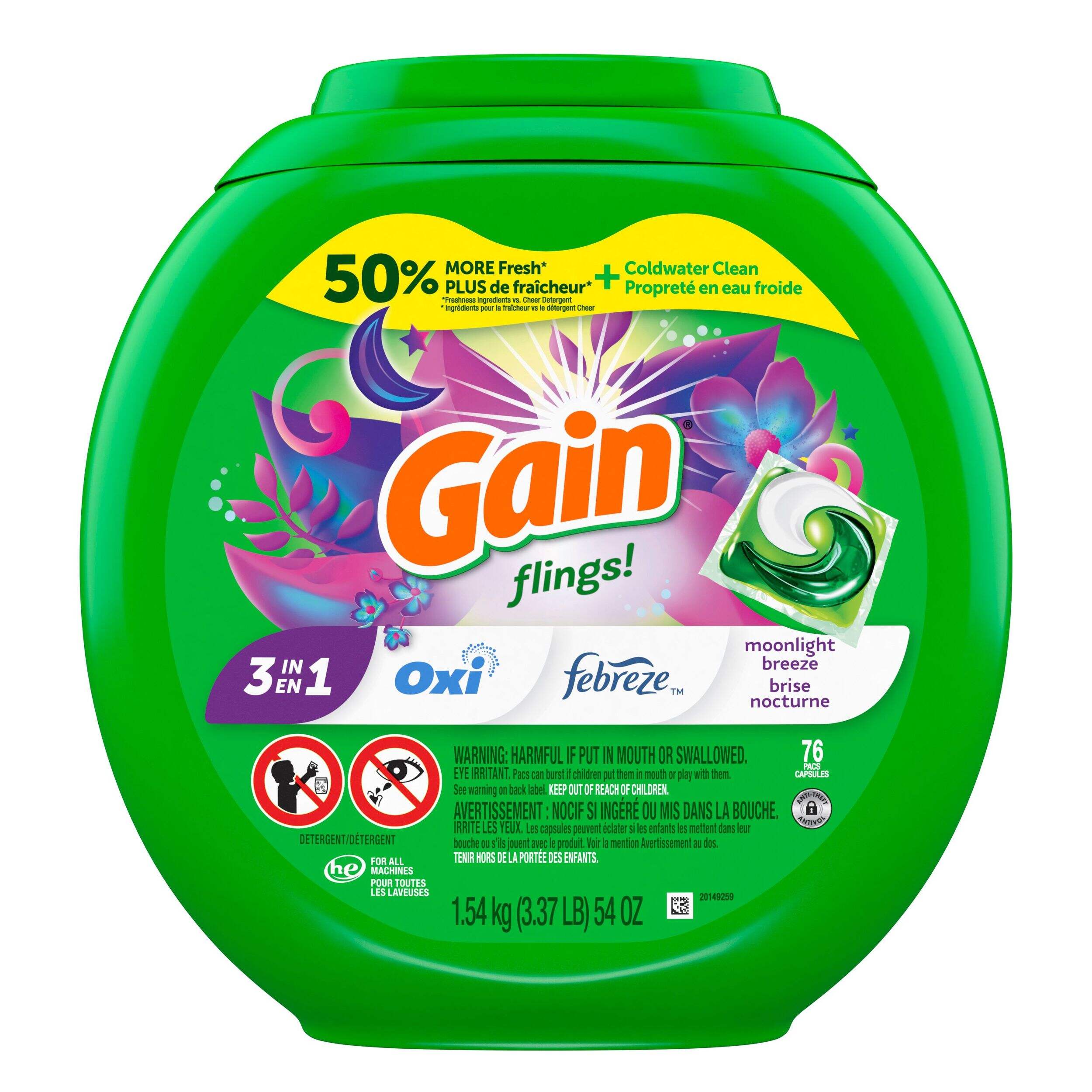 Gain flings! Laundry Detergent Soap Pacs with Oxi Boost & Febreze Odour Remover, Moonlight Breeze Scent, 76-pk Front_Flat