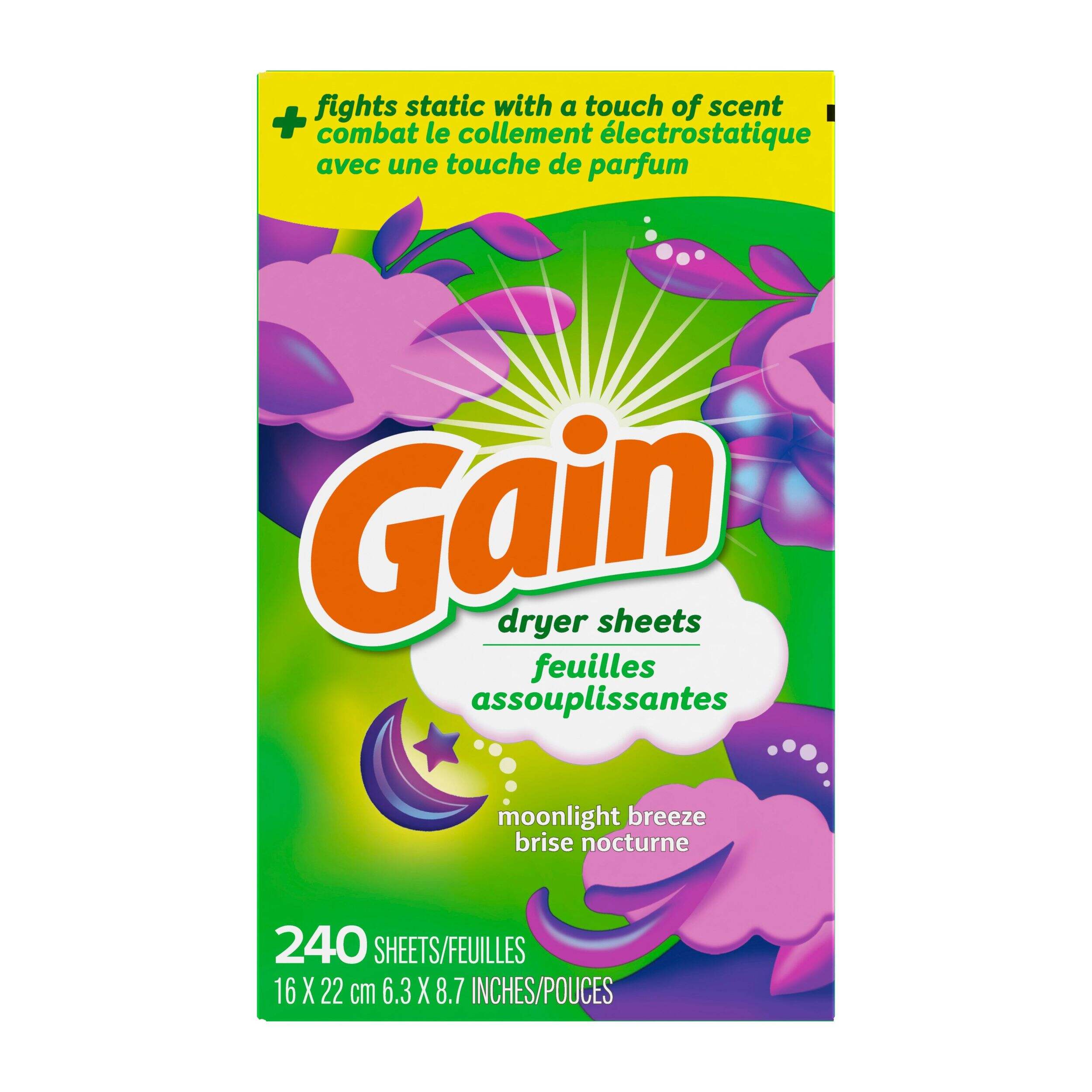 Gain Fabric Softener Dryer Sheets with AromaBoost™, Moonlight Breeze Scent, 240-pk Front_Flat