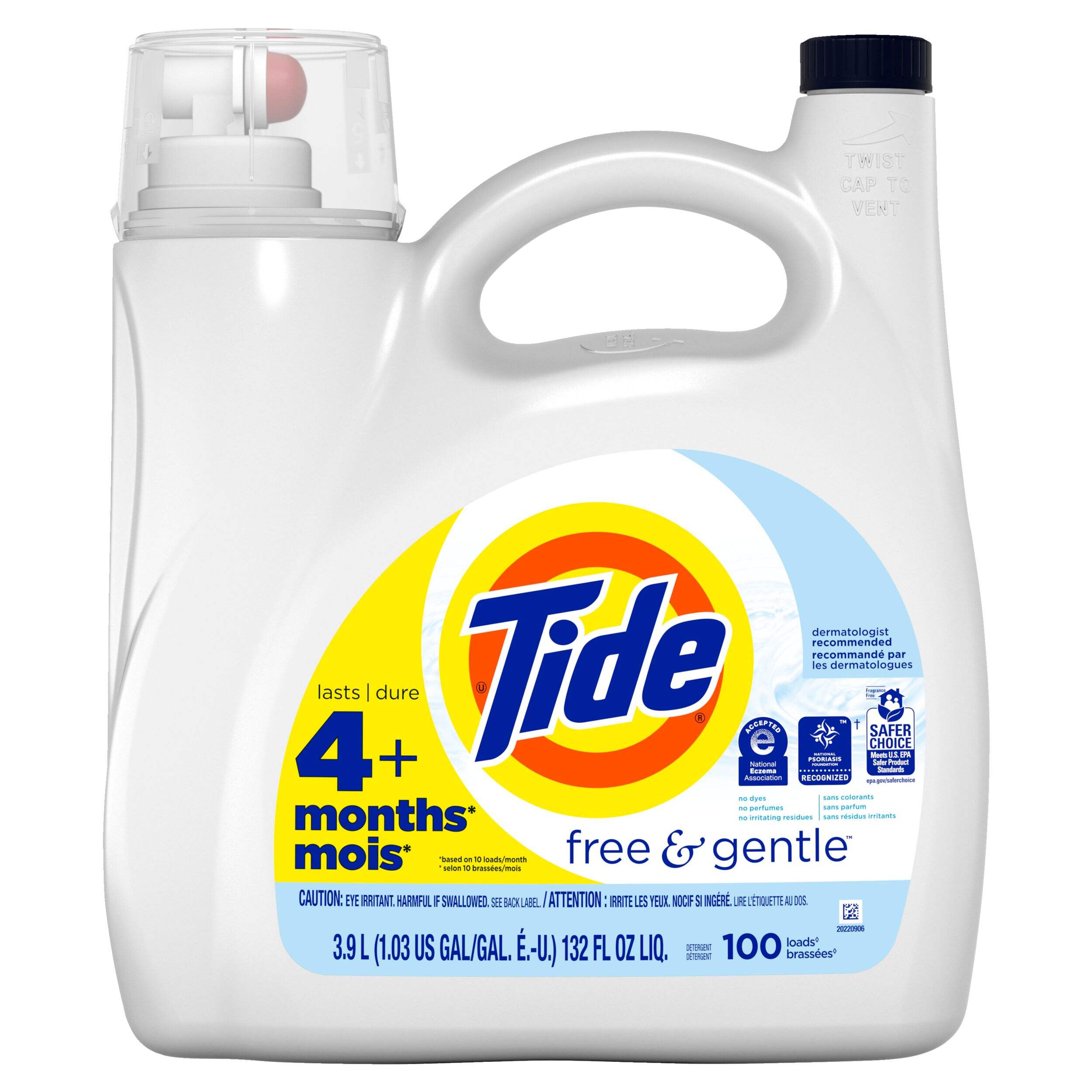 Tide Free & Gentle Liquid Laundry Detergent, Hypoallergenic, Unscented, 100-Load, 3.9-L Front_Flat
