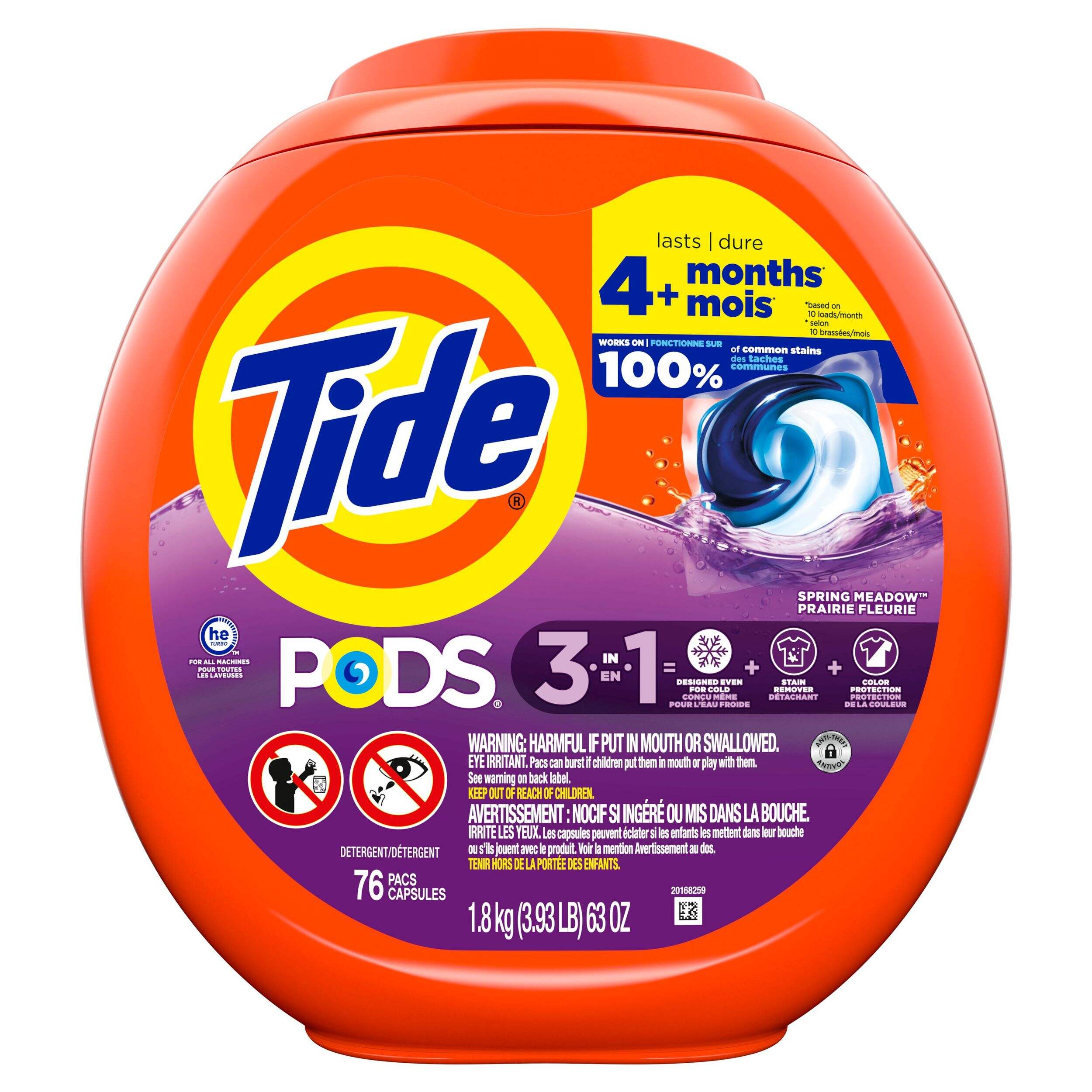 Tide PODS Liquid Laundry Detergent Soap Pacs, Powerful 3-in-1 Clean, HE Compatible, Spring Meadow Scent, 76-pk Front_Flat