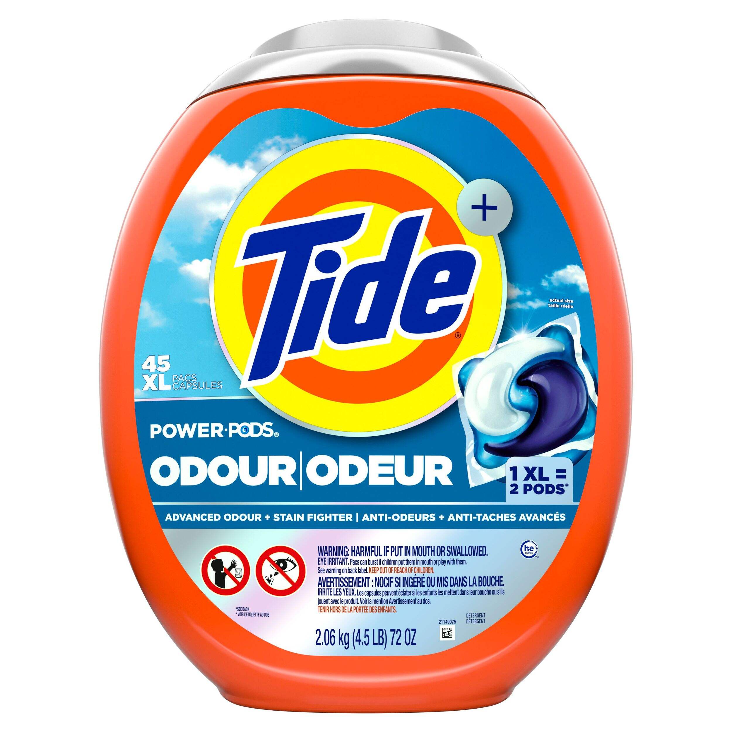 Tide Power PODS Ultra OXI Liquid Laundry Detergent Soap Pacs with Odour Eliminators, 45-pk Front_Flat