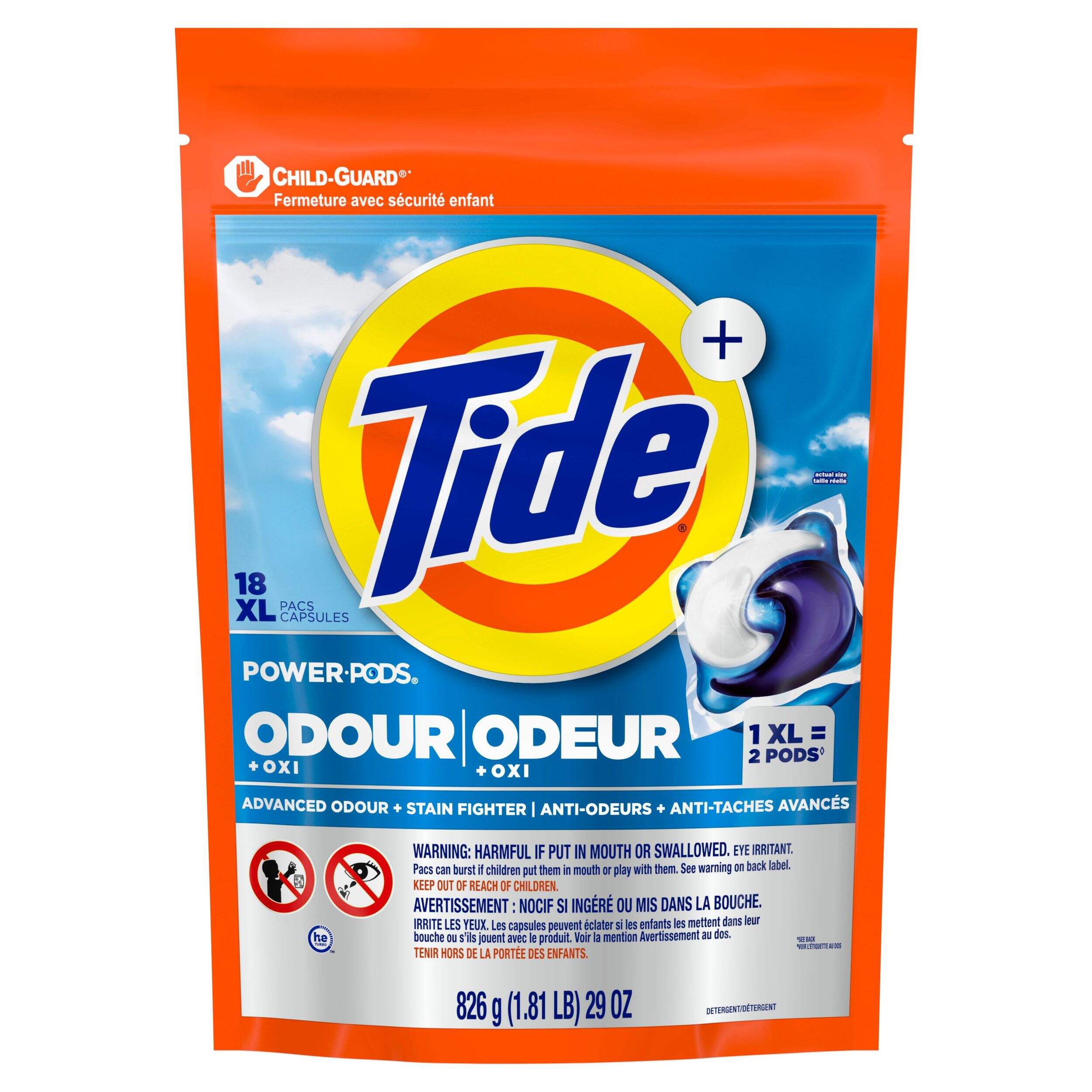 Tide Powet PODS Ultra OXI Liquid Laundry Detergent Soap Pacs with Odour Eliminators, 18-pk Front_Flat