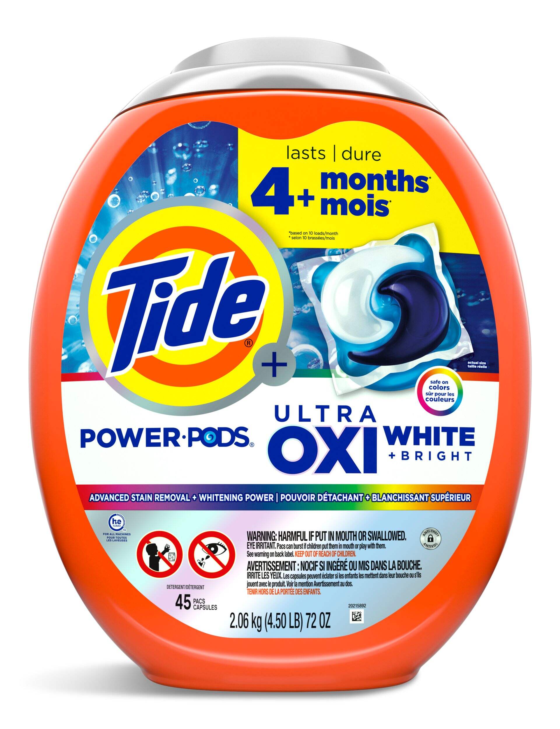 Tide Power PODS Plus Ultra OXI White & Bright Laundry Detergent Soap Pacs, Safe On All Colours, 45-pk Front_Flat