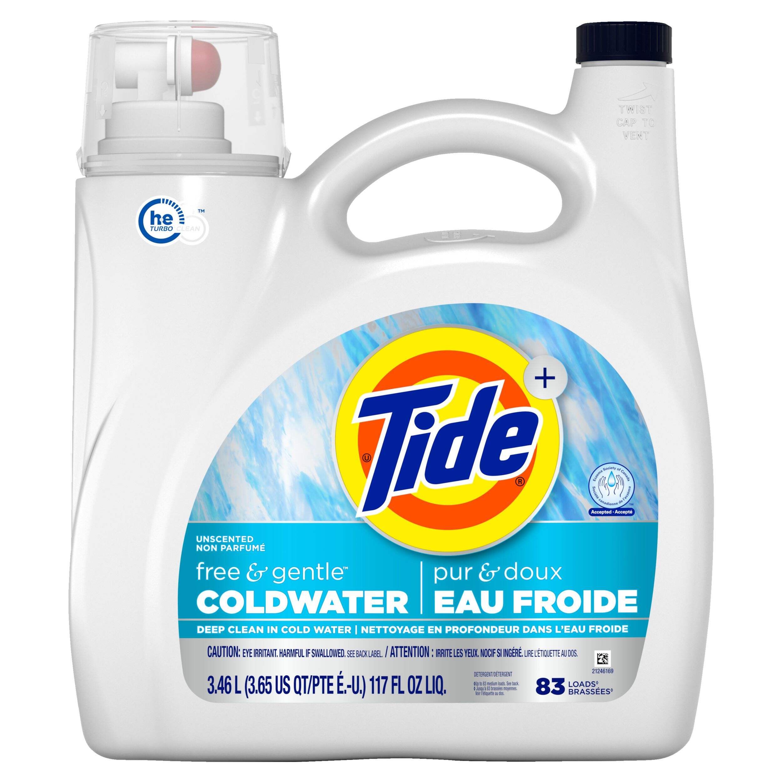 Détergent à lessive liquide Tide pur et doux, sans parfum, eau froide, 83 brassées, 3,46 L Front_Flat