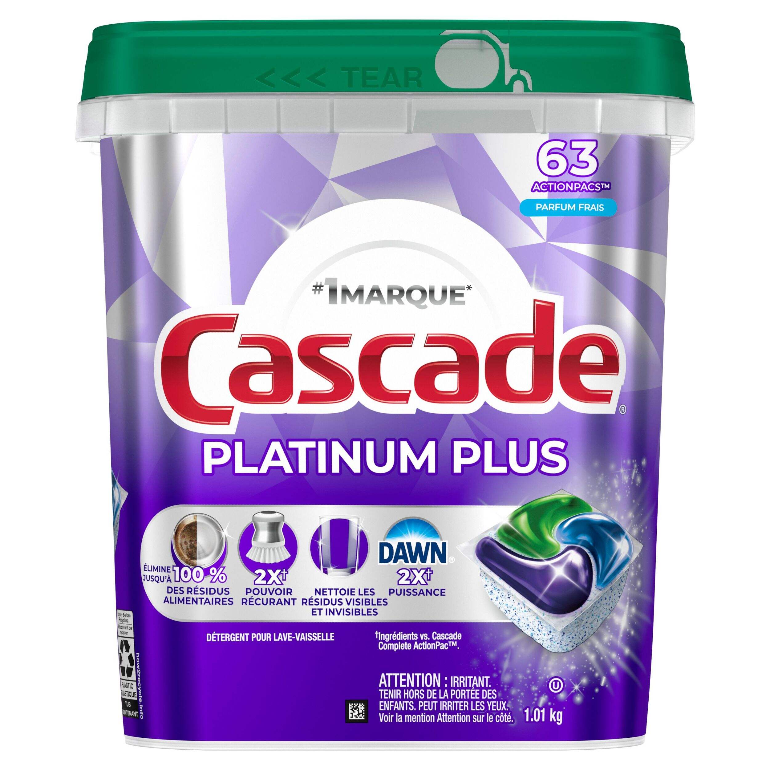 Cascade ActionPacs Platinum Plus Fresh Dishwasher Pods, 63-ct Front_Flat