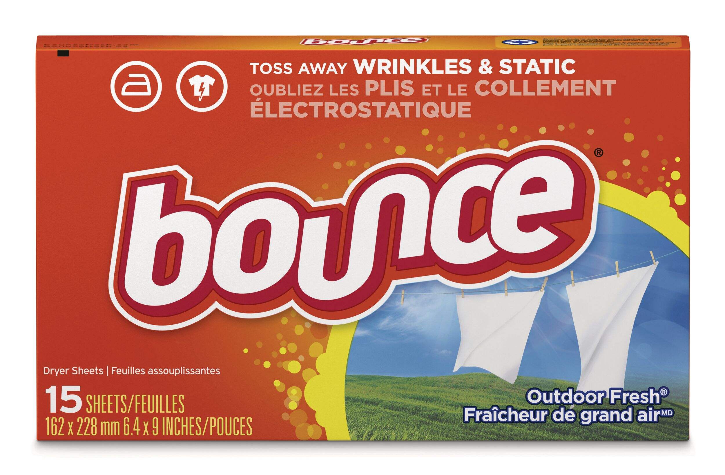Bounce Dryer Sheets, 15 Sheets Trial Size, Outdoor Fresh Scent Fabric Softener Sheets Front_Flat