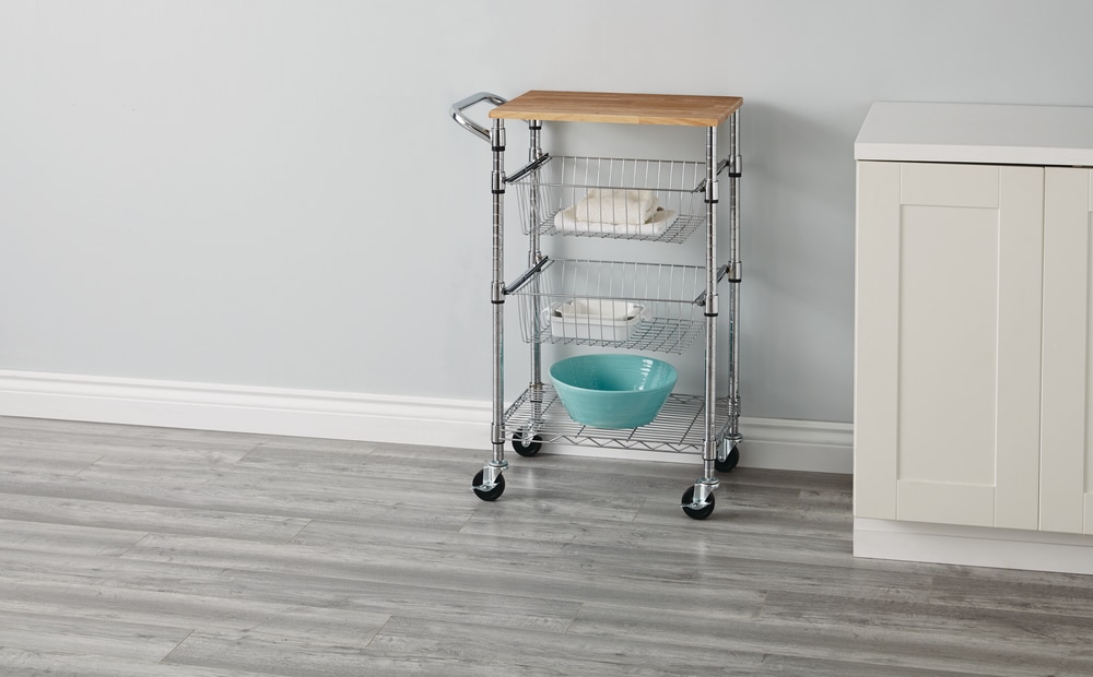 For Living Chrome Kitchen Cart with Cutting Board & 2 Baskets