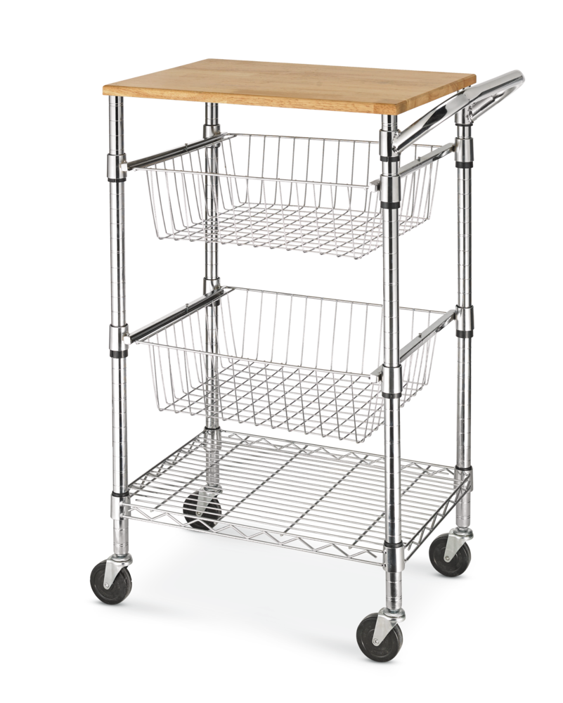 For Living Chrome Kitchen Cart with Cutting Board & 2 Baskets