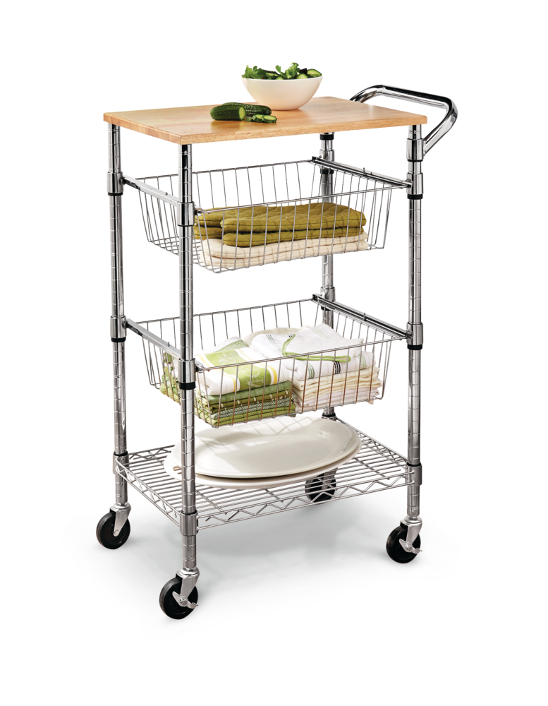 For Living Chrome Kitchen Cart with Cutting Board & 2 Baskets