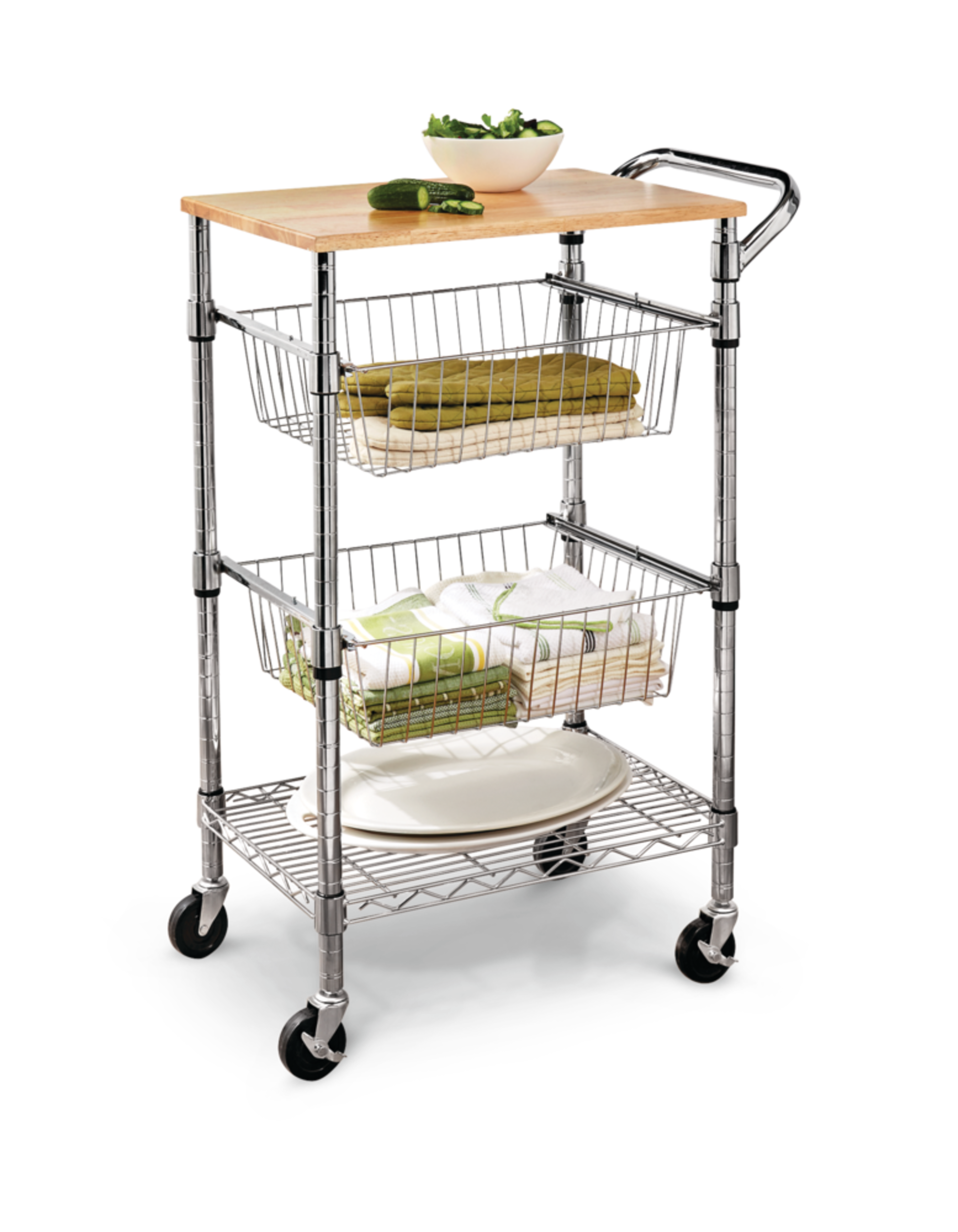 Desserte chromée avec planche à découper et 2 paniers For Living Front_Angled_Left