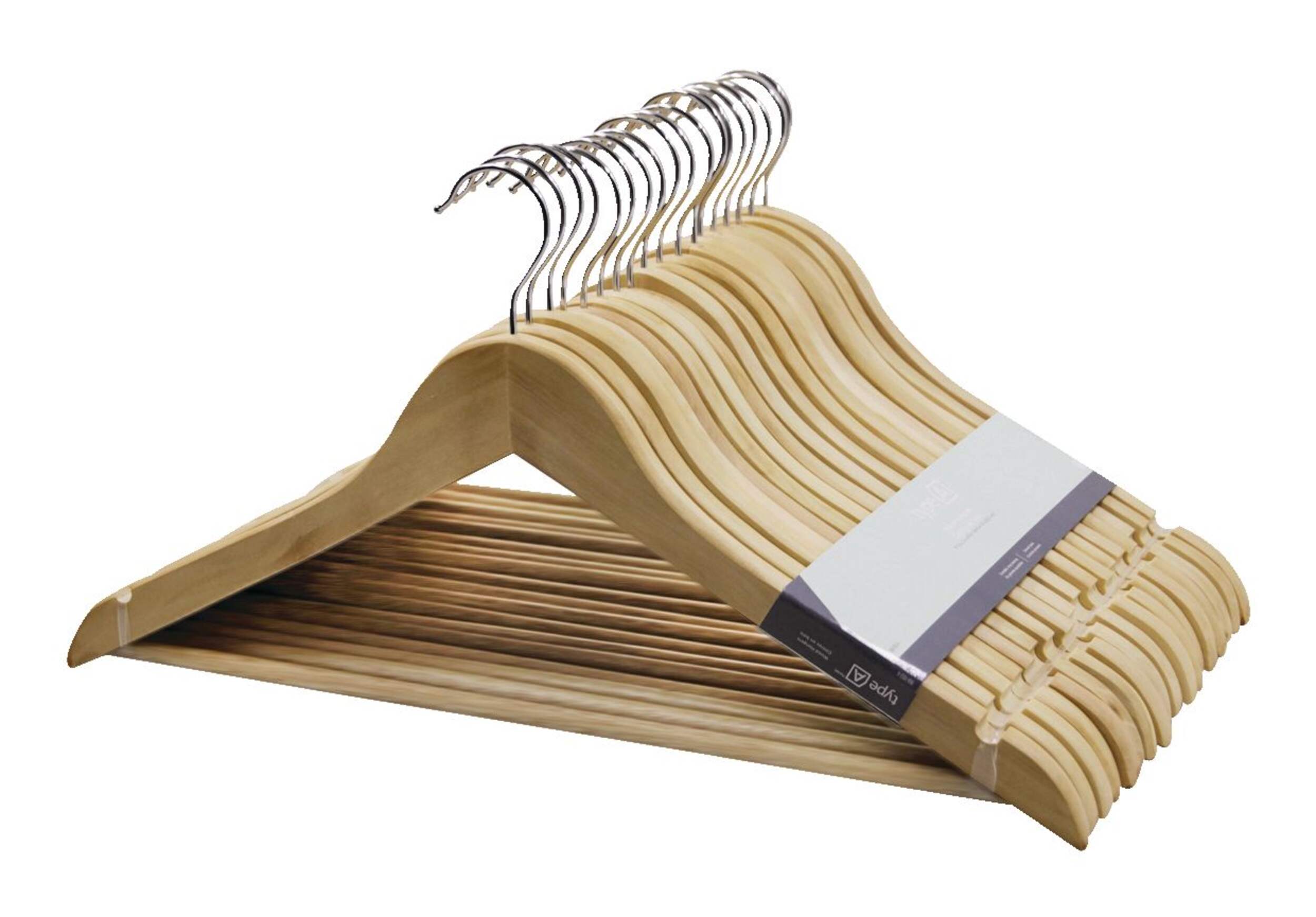 Cintres en bois naturel Type A, paq. 18 Front_Angled_Left