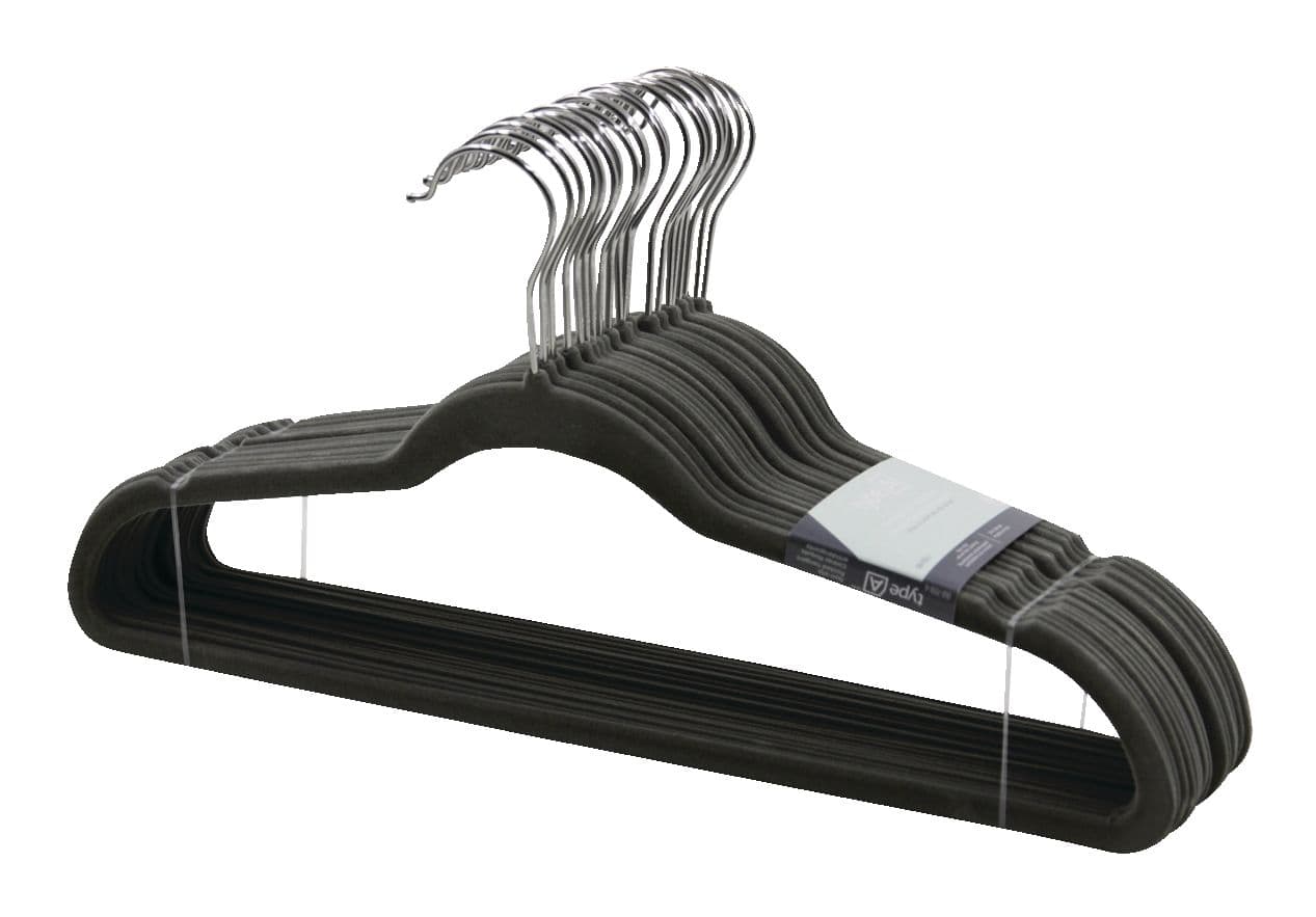 type A Non-Slip Velvet Slim Hangers, 20-pk, Grey