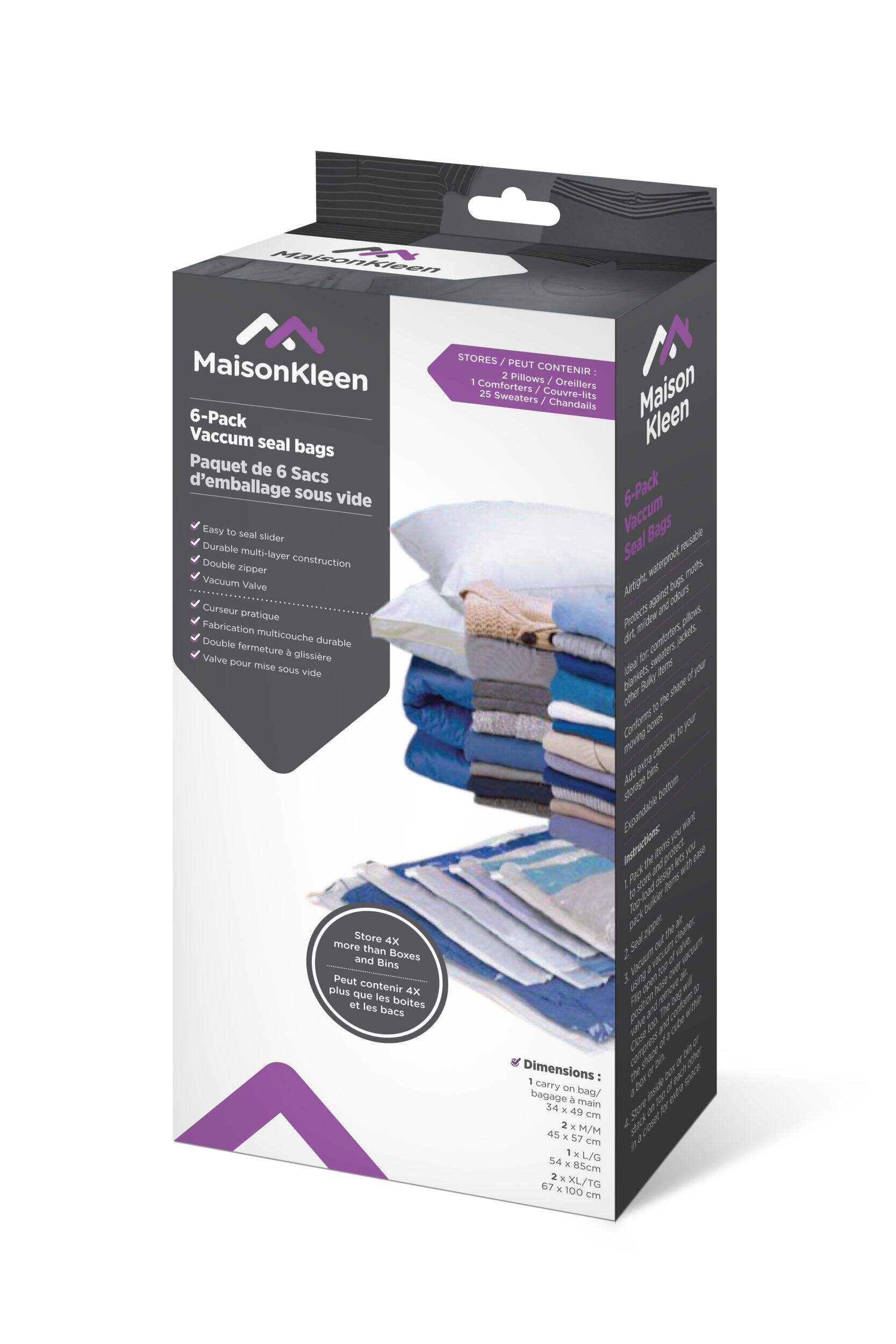 Sacs de rangement réutilisables sous vide Maison Kleen, paq. 6 Front_Angled_Left