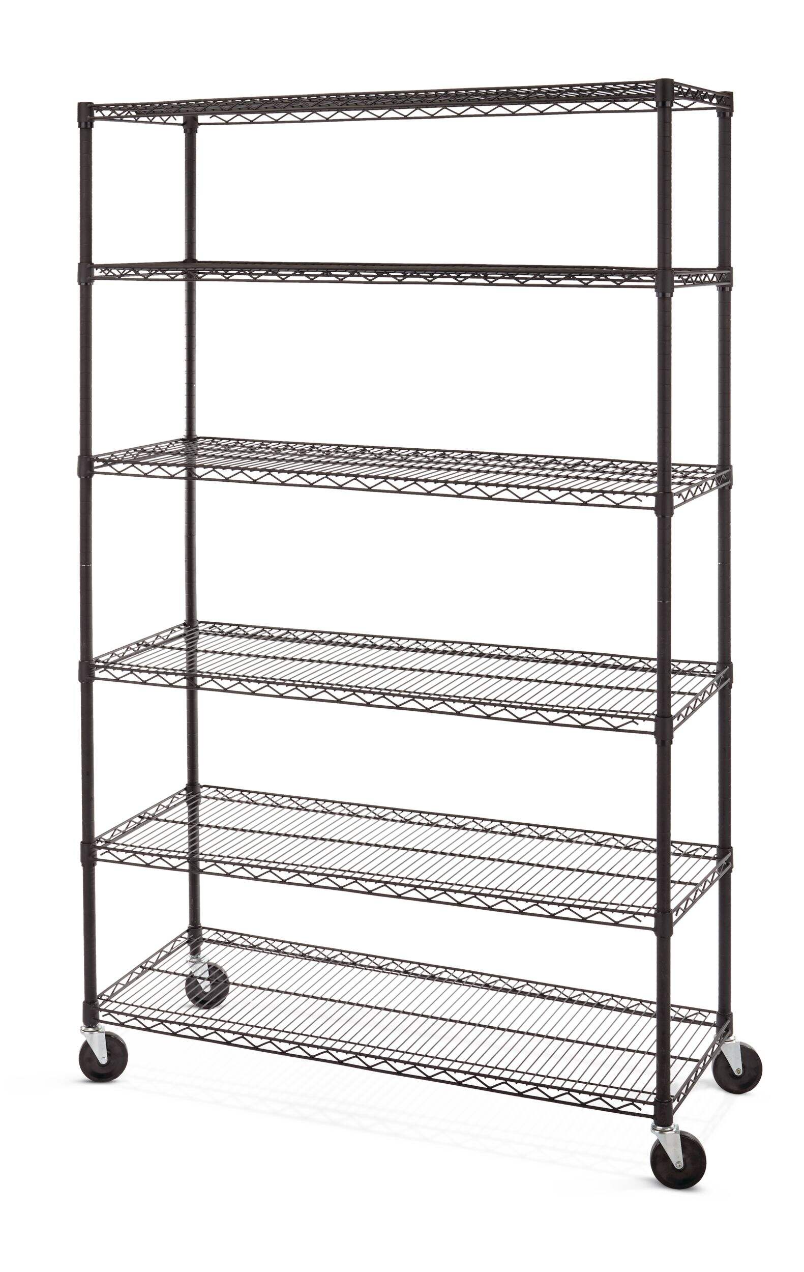 Type A 6-Tier Adjustable Wire Shelving Storage Unit with Wheels, Black Front_Three_Fourths_Angled_Left